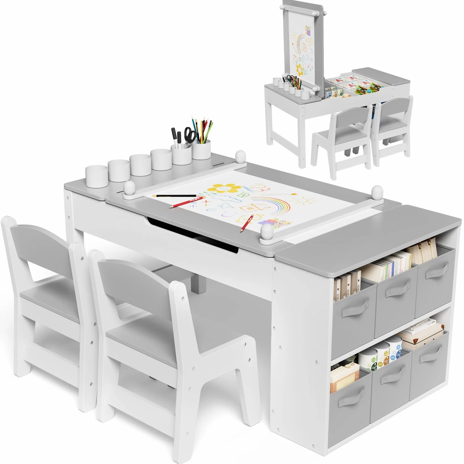 MAMIZO Mesa y Sillas Infantiles Madera con 2 Sillas, Mobiliario Infantil con Espacio de Almacenaje para Niños a Partir de 3 Años, Mesa de Pintura para Habitación Infantil, Sala de Juegos (Gris)