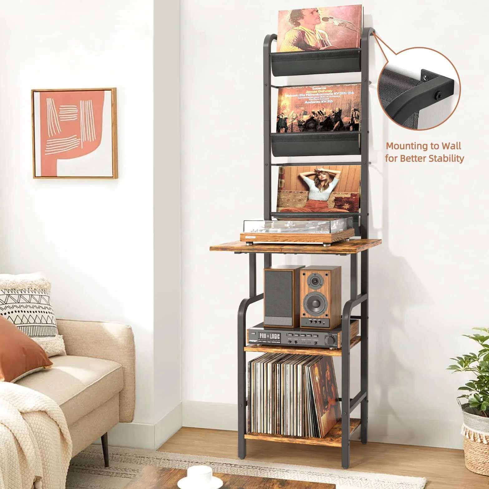 Bikoney Mueble Tocadiscos Alto con Almacenamiento para Vinilos – Estante para Tocadiscos con Soporte de Pared, Organizador para Hasta 200 Discos de Vinilo