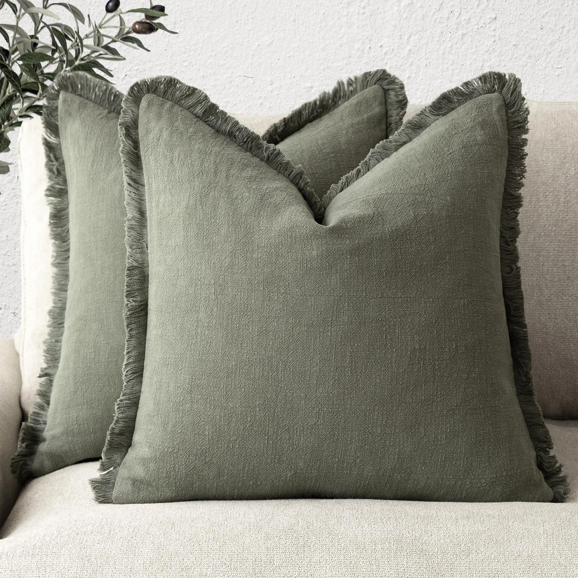 Juego de 2 Fundas de cojín de Lino con Flecos, 46 x 46 cm, Verde Oliva, Bohemio