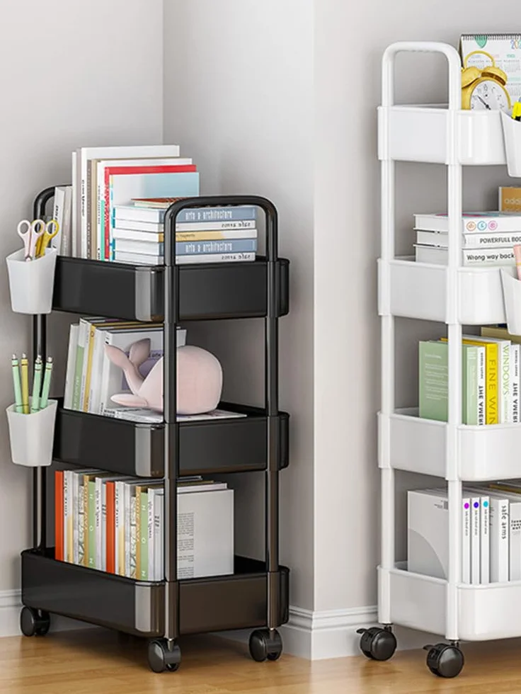 Estantería de pie para revistas, carrito de libros con ruedas, carrito de archivos rodante, carrito rodante multiusos, carrito móvil, carrito de utilidad, ruedas de ahorro para oficina (negro, 3
