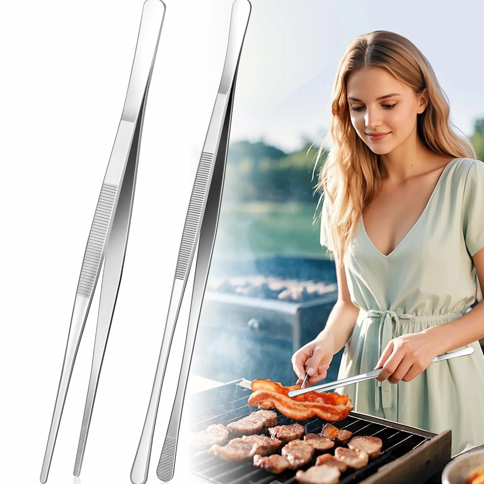 2 pinzas de cocina de 12 pulgadas, pinzas de cocina de acero inoxidable con puntas dentadas de precisión extralargas, pinzas de cocina para barbacoa, chapado, servir, pasta, ensalada