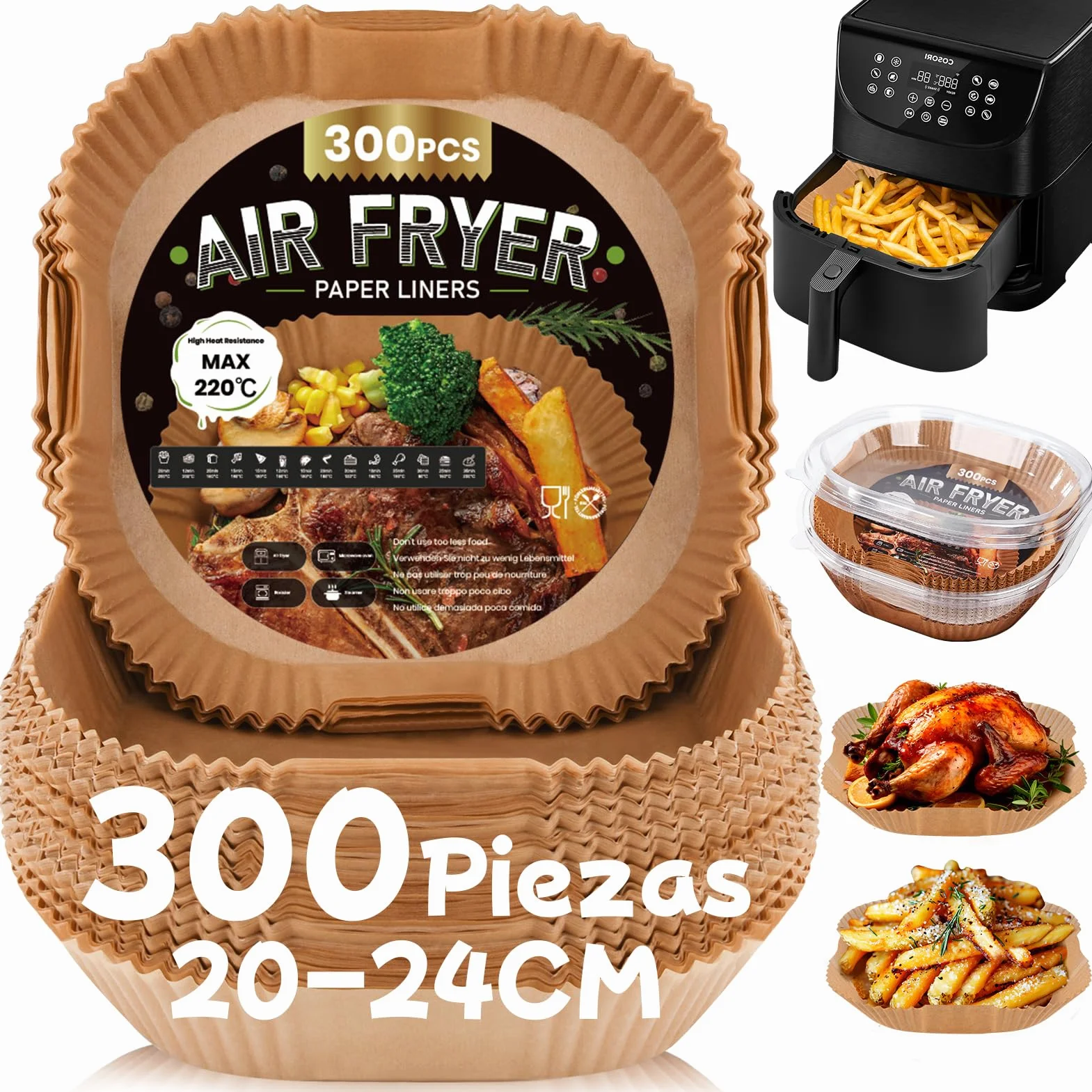 300 Piezas Papel Freidora de Aire 5-8L, 20-24CM Papel Air Fryer Cuadrado, Desechable Antiadherente para Horno Microondas, Perfecto para COSORI Cecotec 5,5 6L