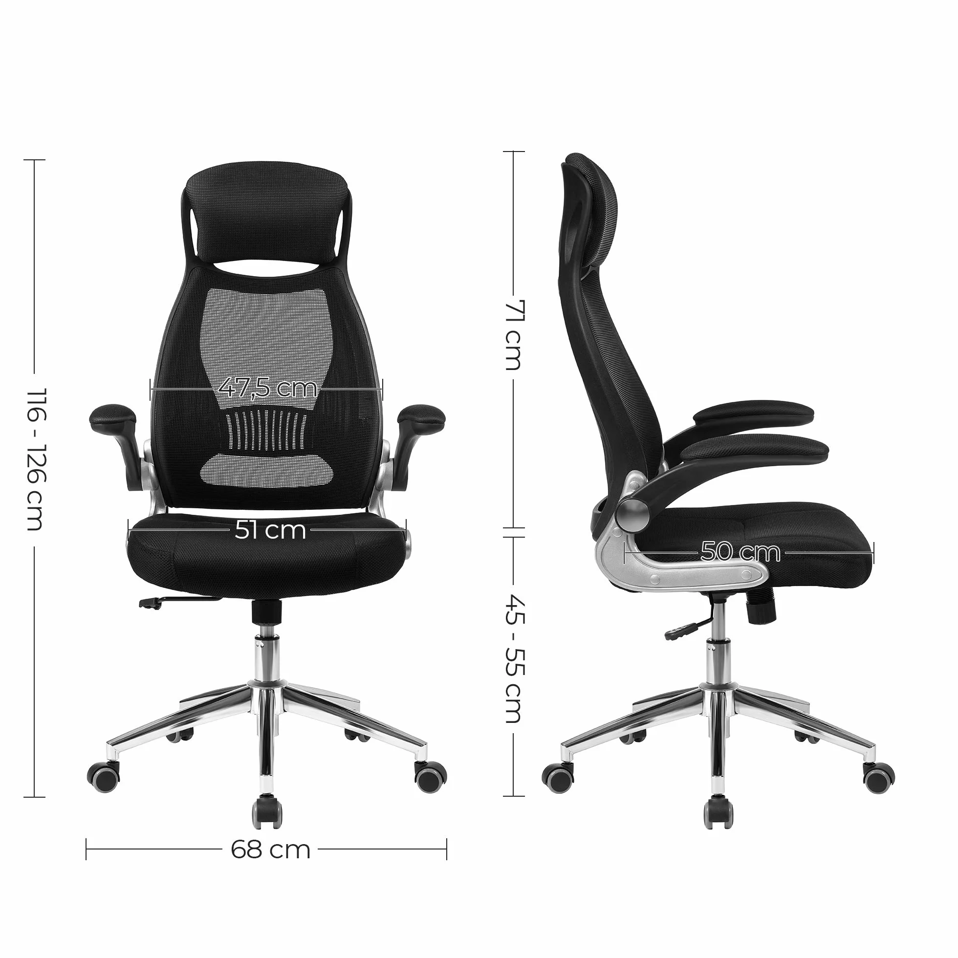 SONGMICS OBN86BK Silla Giratoria de Oficina de Malla con Reposacabezas, Mecanismo Sincronizado y Altura Ajustable, Negro