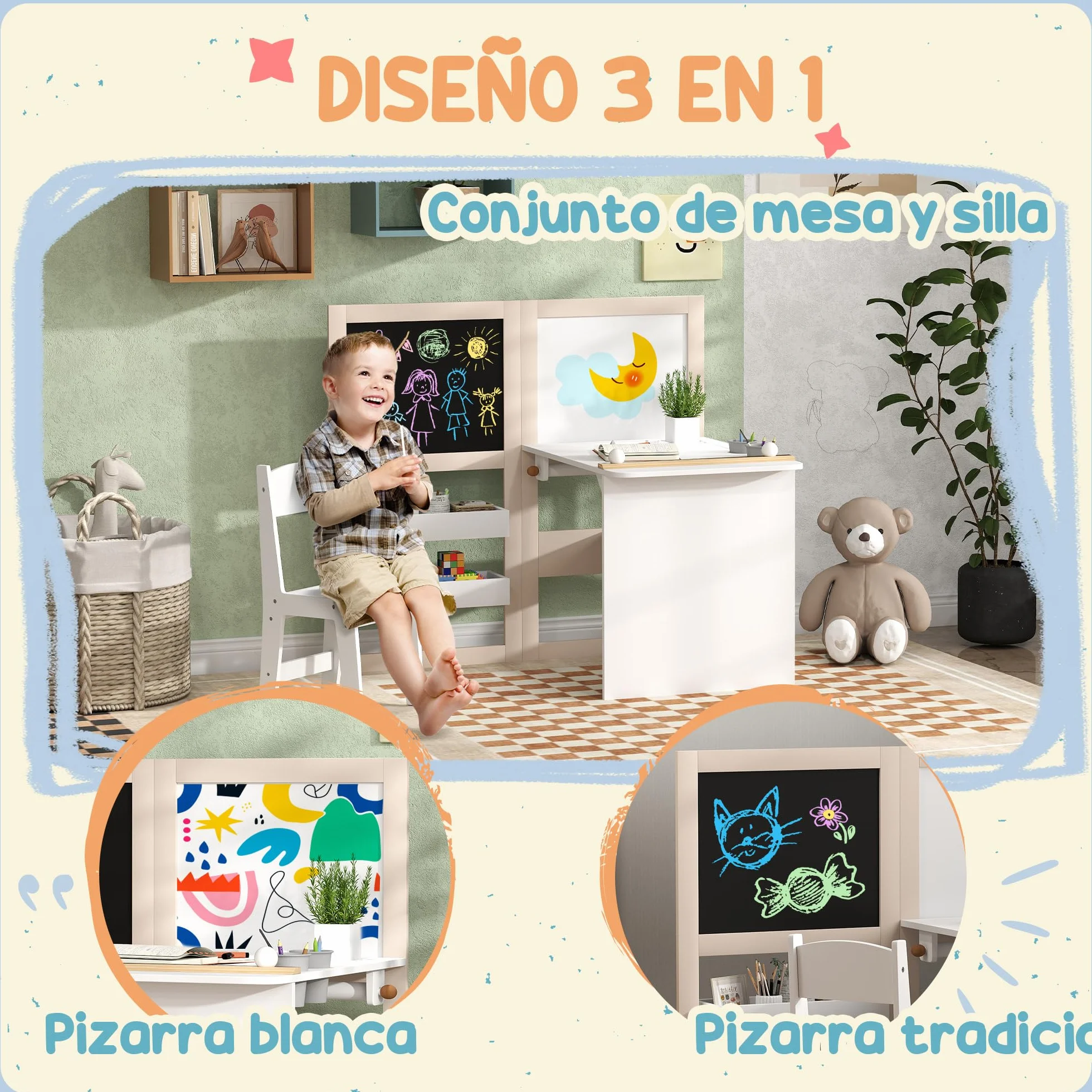AIYAPLAY Mesa y Silla Infantil de 2 Piezas Plegable para Niños +3 Años con Estantes y Rollo de Papel Blanco