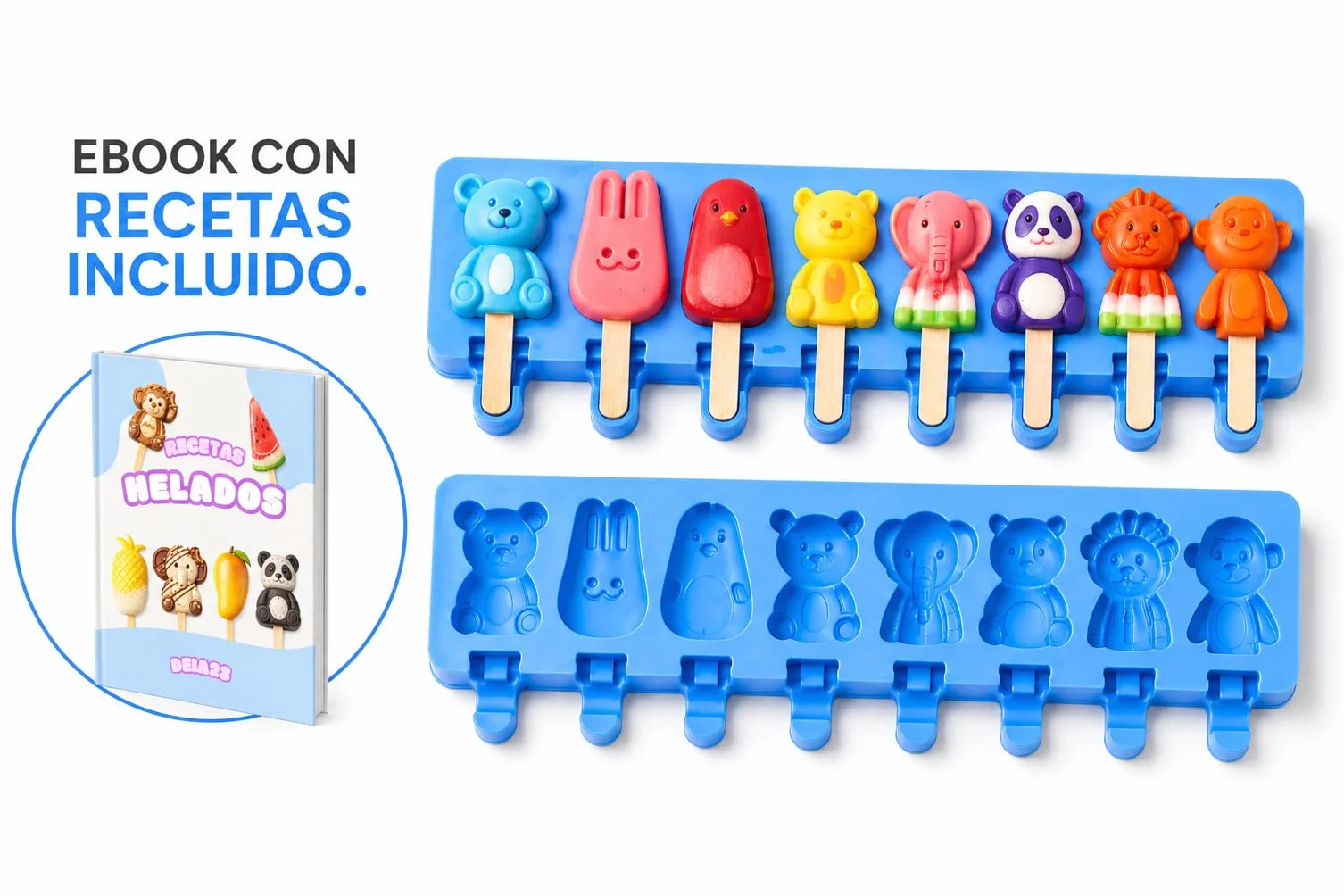 Molde Premium de Silicona para Helados 8 Cavidades, Reutilizable, Libre de BPA, Animales