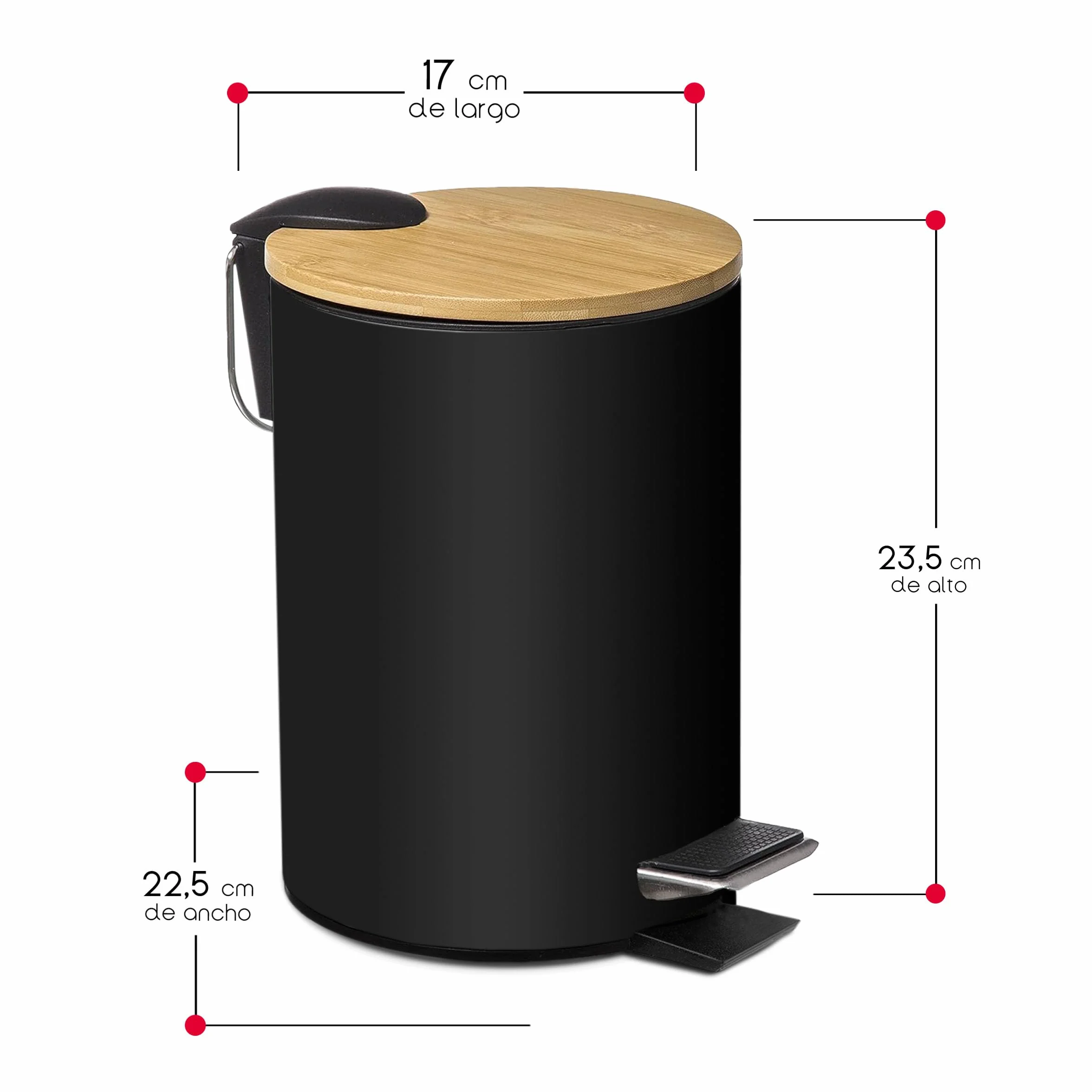 Papelera de Metal con Tapa de Bambu 3L 17x22.5x23.5 cm Cubo de Basura Pequeño con Pedal Negro