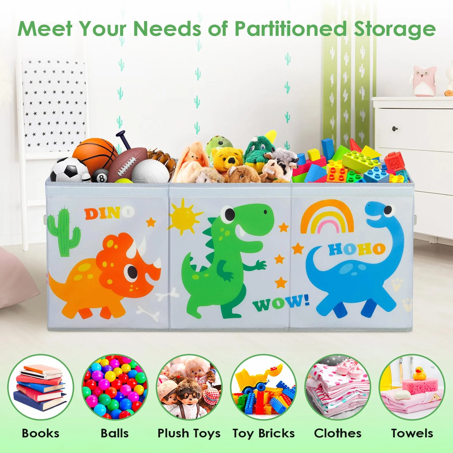 decalsweet Caja de Juguete Extra Grande con Tapa Abatible, Caja Almacenaje Oxford Plegable con Asa para Niños Niñas, Baúl Juguetes y Almacenamiento Impermeable Resistente, 96×32×40 (Dinosaurios Gris)