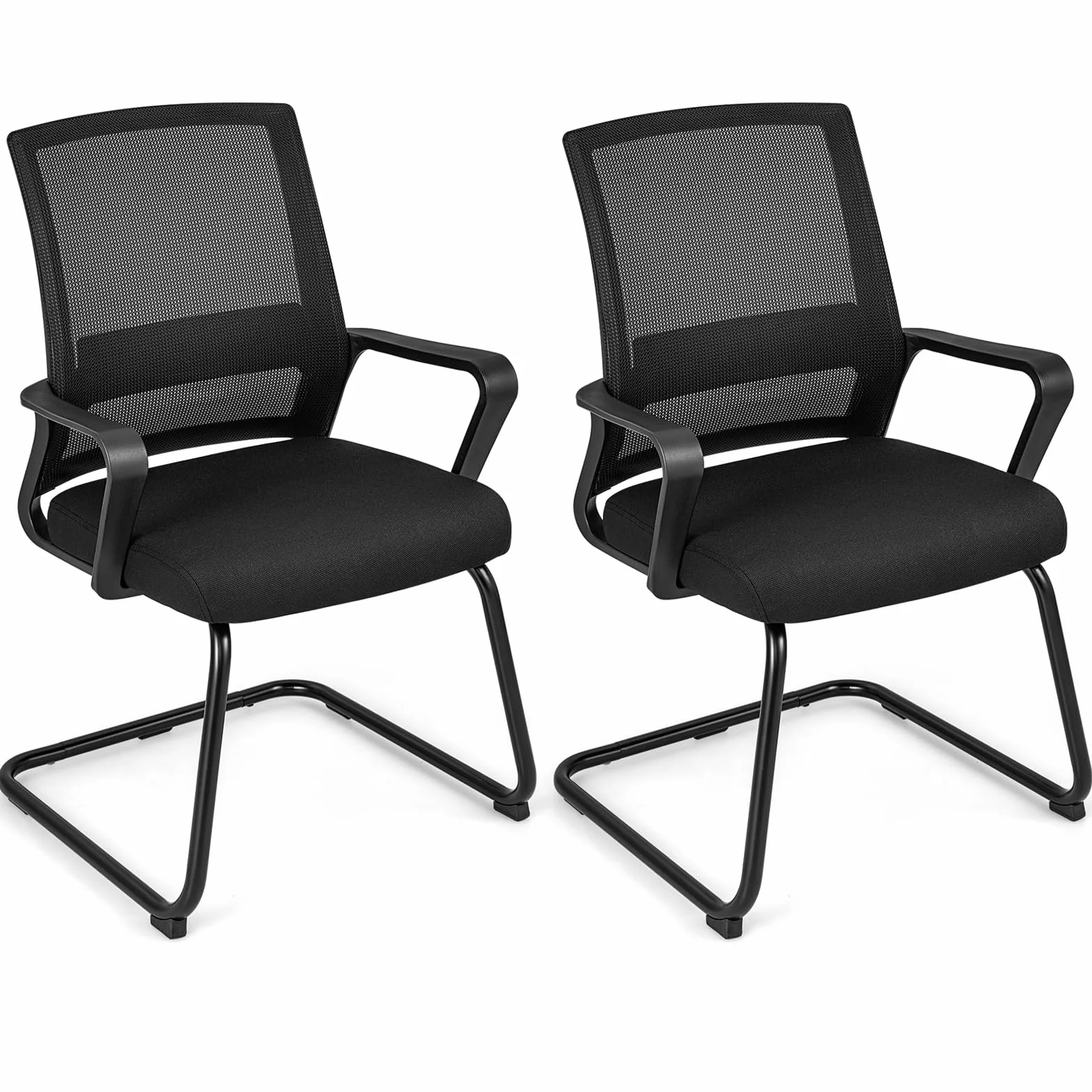 GIANTEX Juego de 2 Sillas de Conferencia con Respaldo y Reposabrazos, Silla de Recepción con Soporte Lumbar, Malla Transpirable, para Oficina, Sala de Espera y Conferencias, Negro