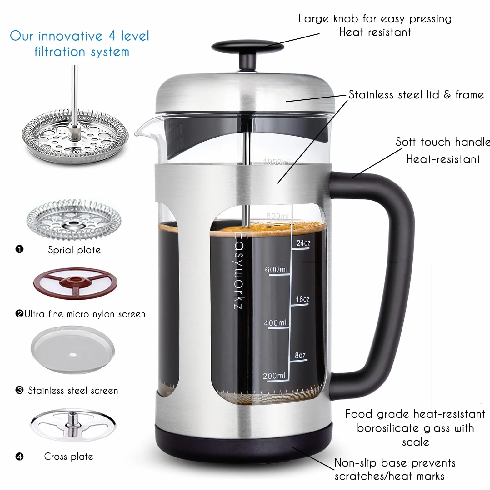 Easyworkz Cafetera de prensa francesa de Acero Inoxidable,vidrio de borosilicato resistente al calor,1000 ml