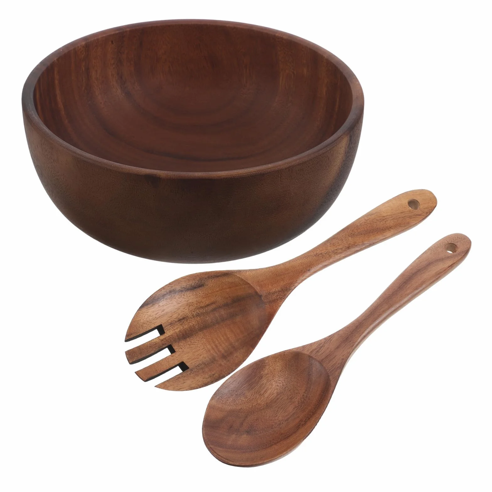 Juego de Cuencos Grandes de Madera de Acacia de 2.5l con Tenedor y Cuchara para Ensaladas, Frutas y Aperitivos, Adecuado para Fiestas y Fácil de Limpiar