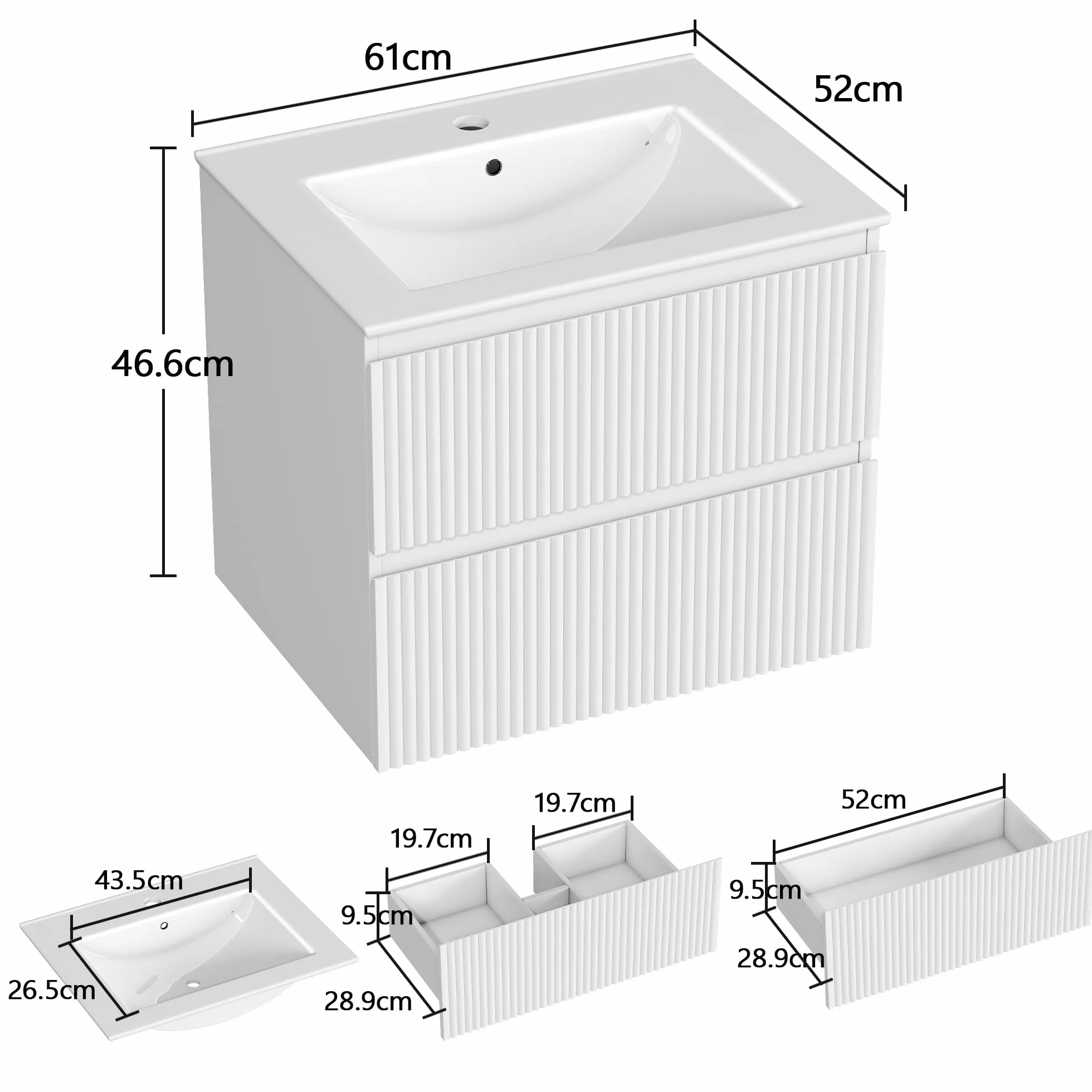 Mueble de Baño Suspendido 60 cm con Lavabo de Cerámica y 2 Cajones Profundos | Panel con Acabado Estriado Vertical, MDF E1 Antihúmedo, Blanco