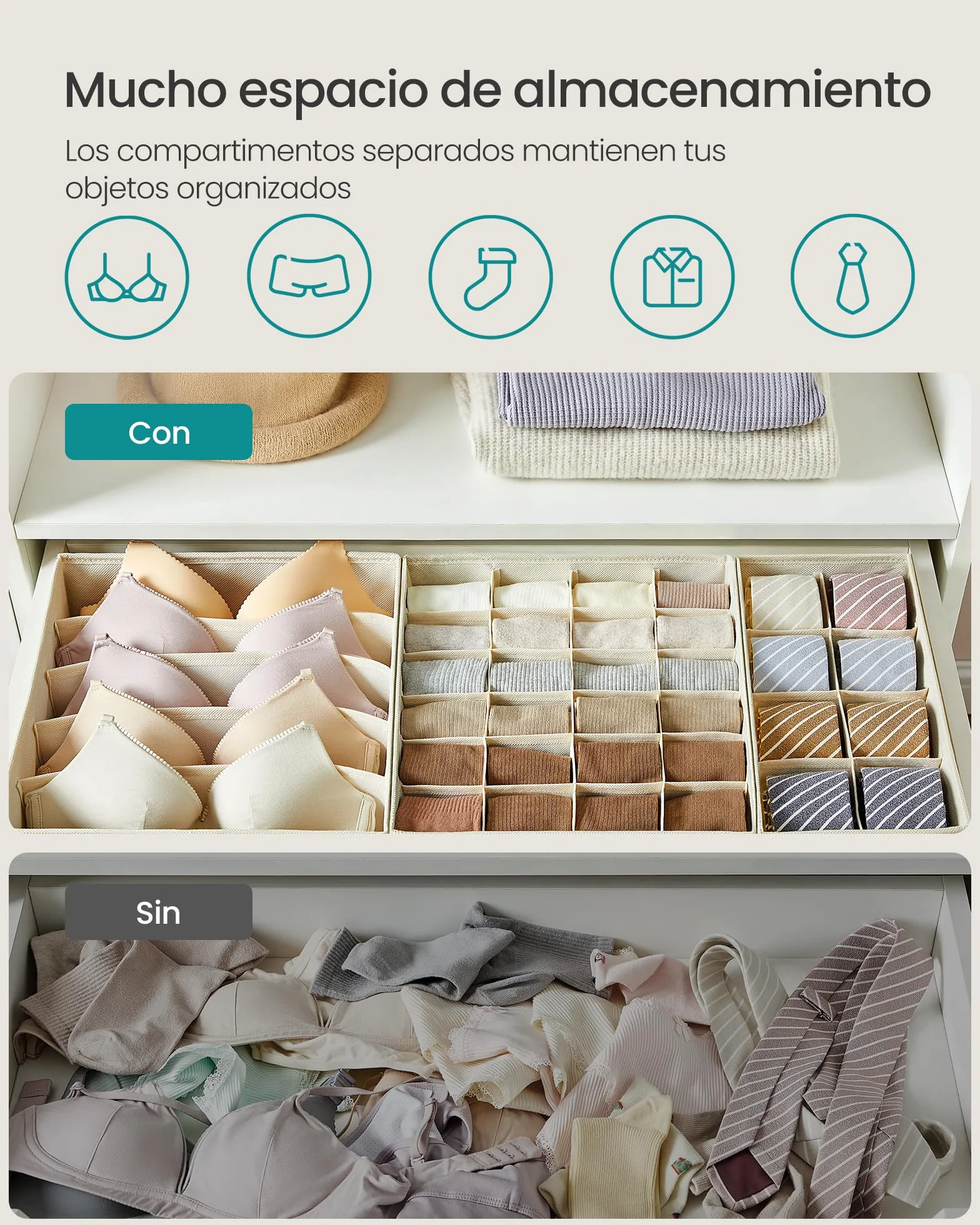 SONGMICS 8-Pack Organizadores para Cajones de Ropa Interior, Divisores Plegables, Cajas de Tela para Armario, Beige