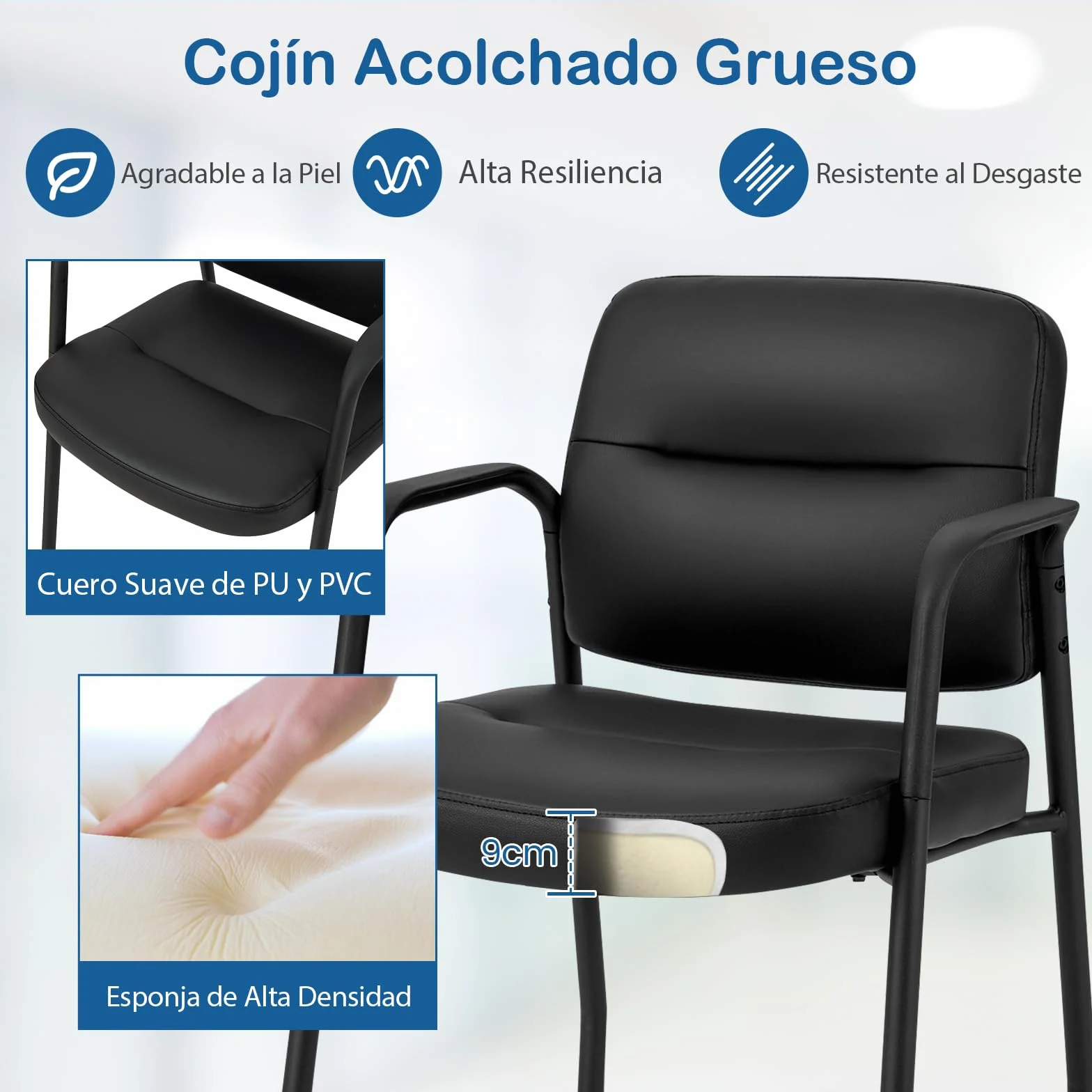GIANTEX Juego de 2 Sillas Confidentes, Sillas de Reuniones Ergonómicas con Respaldo y Asiento Acolchados de Piel Sintética, Reposabrazos, Capacidad 160 kg, para Oficina, Sala de Espera (Negro)