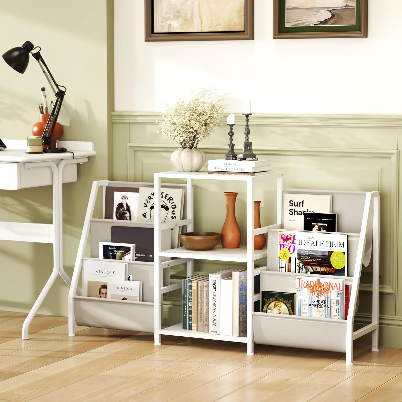 COSTWAY Soporte para Tocadiscos con Almacenamiento para Vinilos, Estantería de Metal, 6 Bolsillos, Blanco