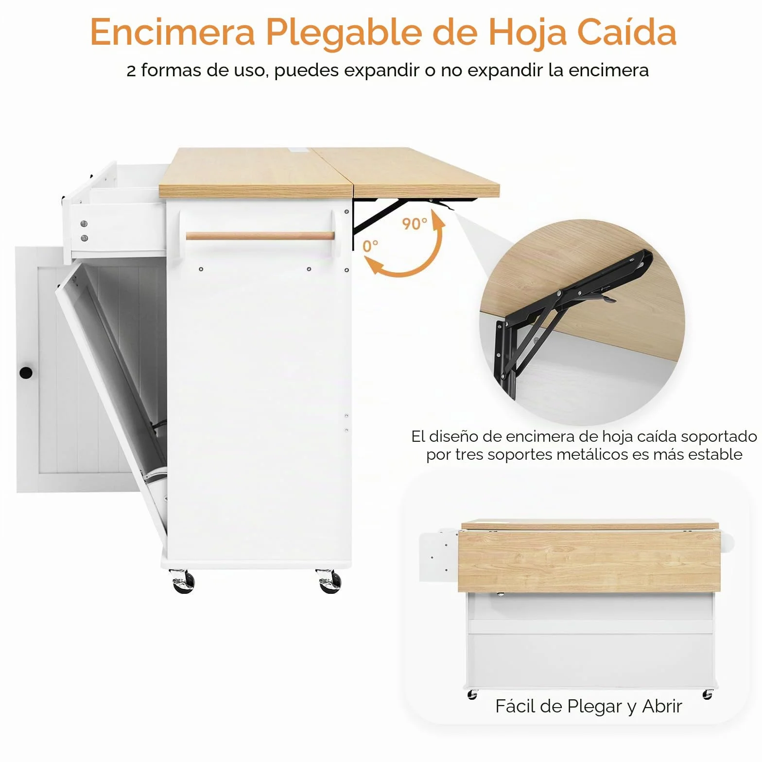 Isla de cocina de 60 pulgadas con toma de corriente y hoja de caída, isla rodante de cocina con estante para especias y toallero, soporte para cuchillos, carrito de isla de cocina con armario de