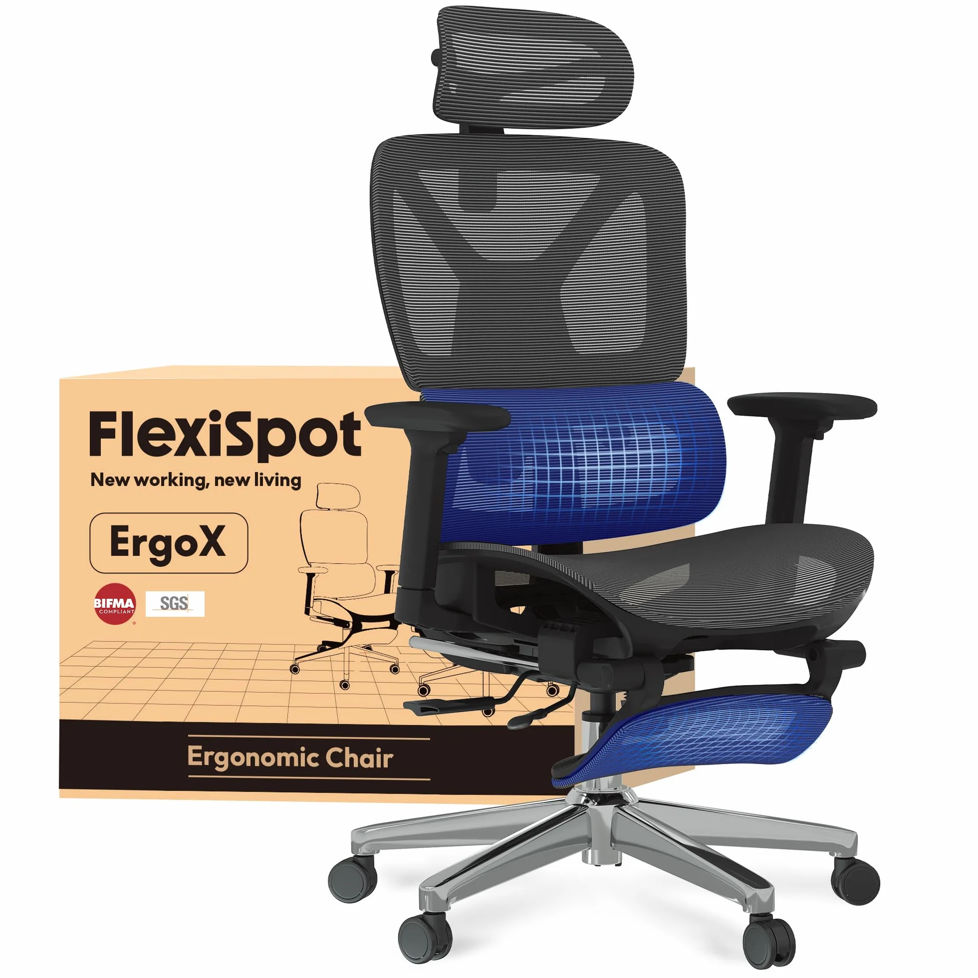 FLEXISPOT ErgoX Silla Escritorio Ergonómica con Reposapiés, Soporte Lumbar, Reposabrazos 3D, Inclinación 135°, Gris