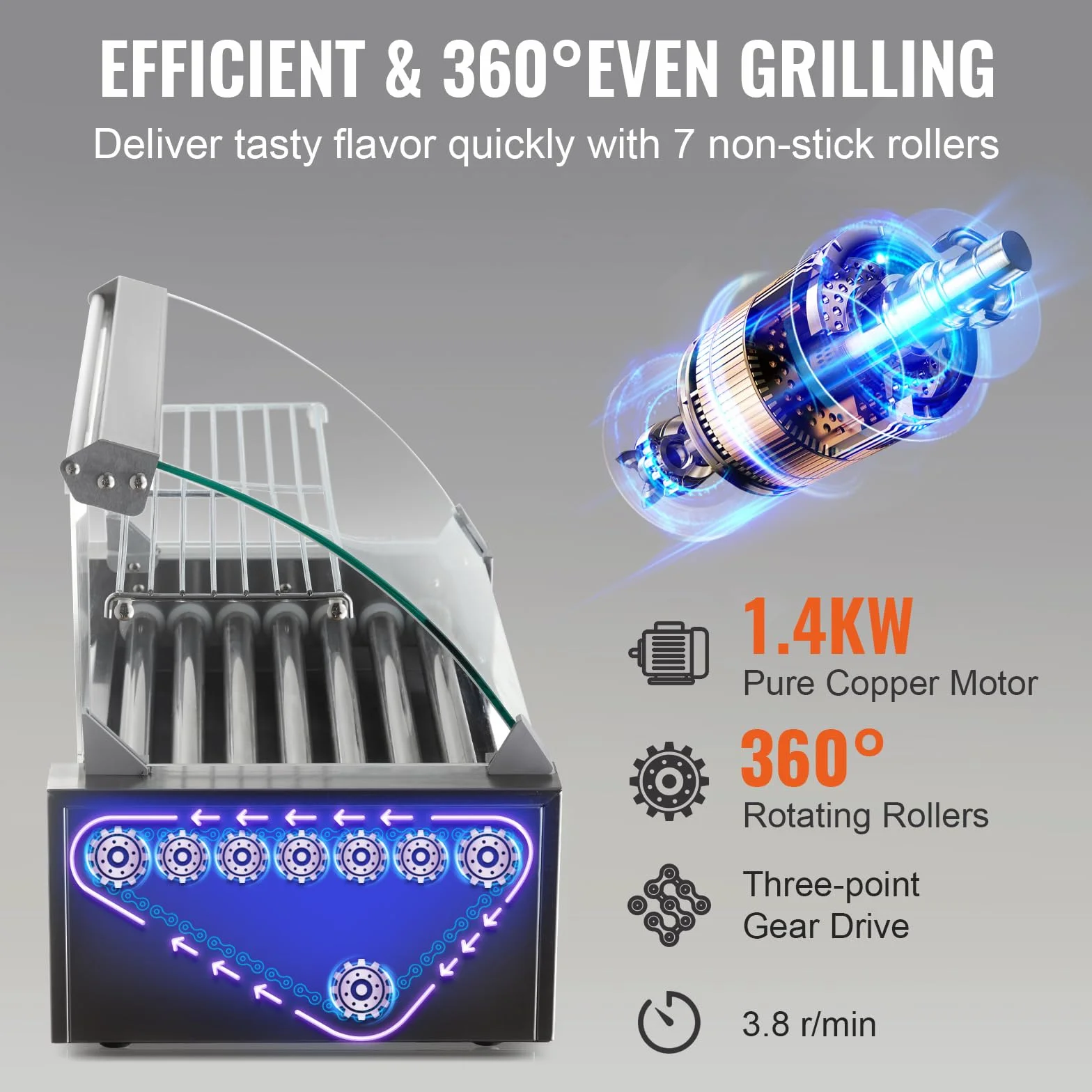 VEVOR Máquina de Rodillos para Perros Calientes 55,5x32,5x41 cm Acero Inoxidable 50-250°C 1,4 kW