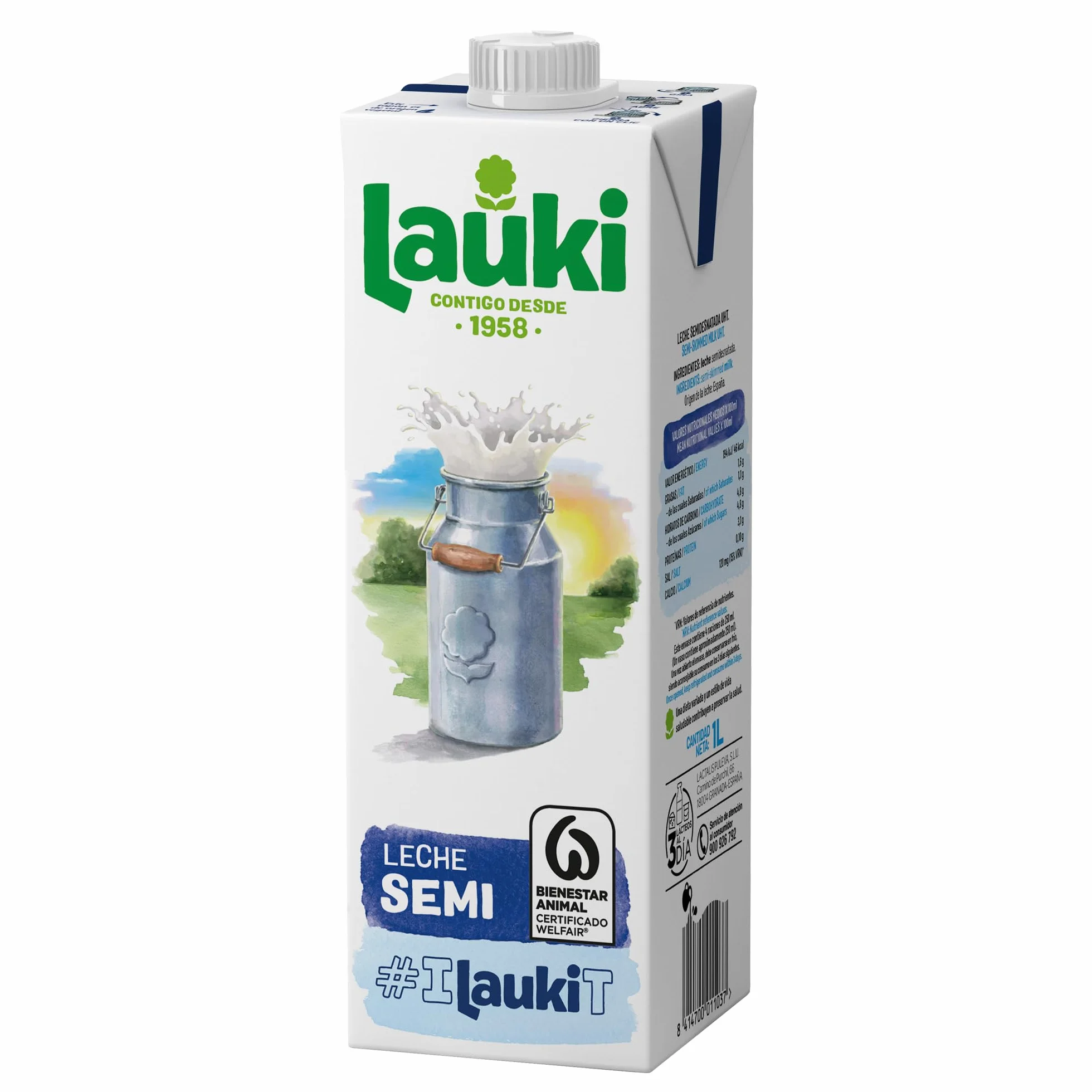 Lauki Leche Semidesnatada Bienestar Animal Sin Azúcar Añadido Sin Gluten Brik UHT Pack 6 x 1L