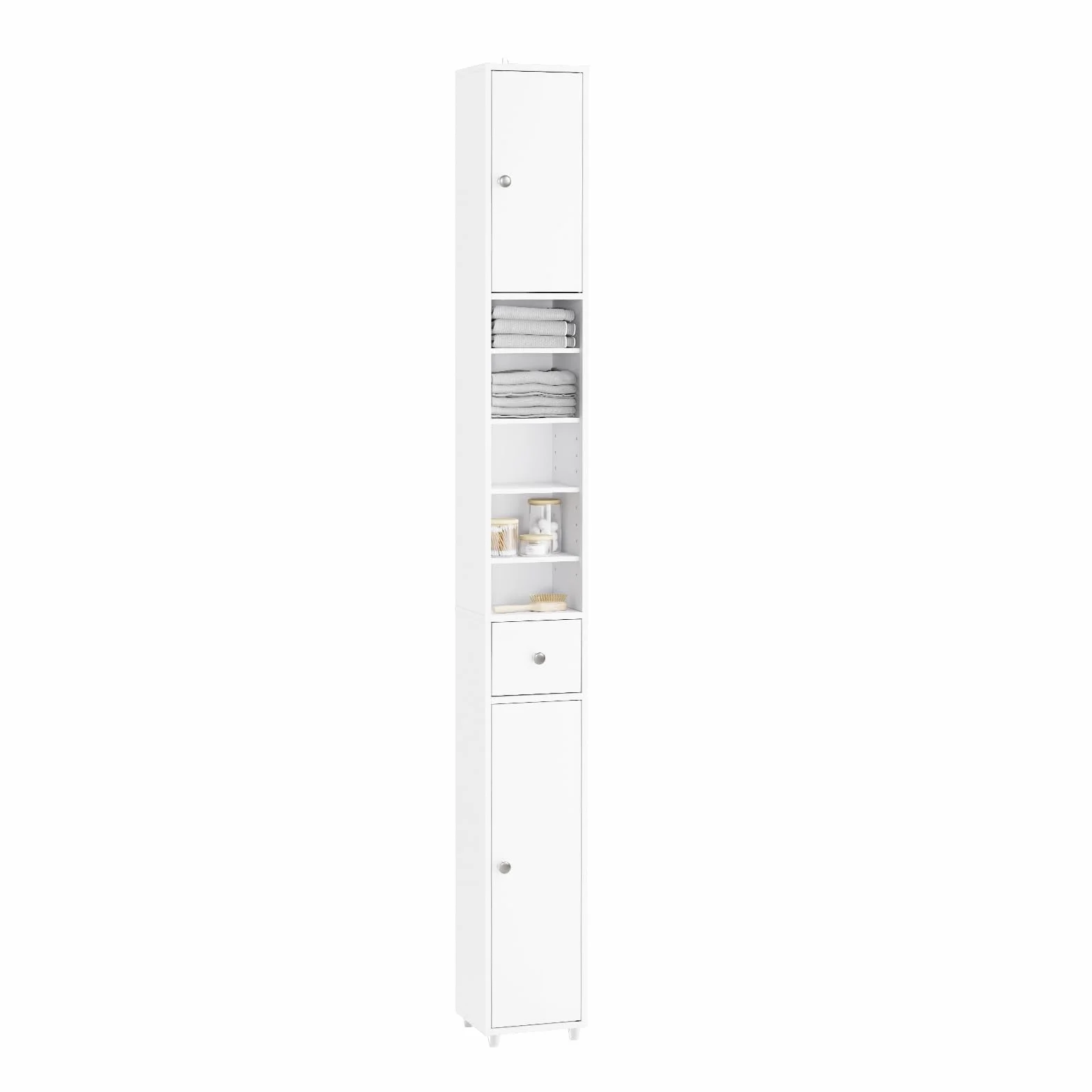 SoBuy Mueble Baño Estrecho Alto Armario Columna Auxiliar Almacenaje con Estantes Regulables Cajón 20x20x180cm BZR34-II-W