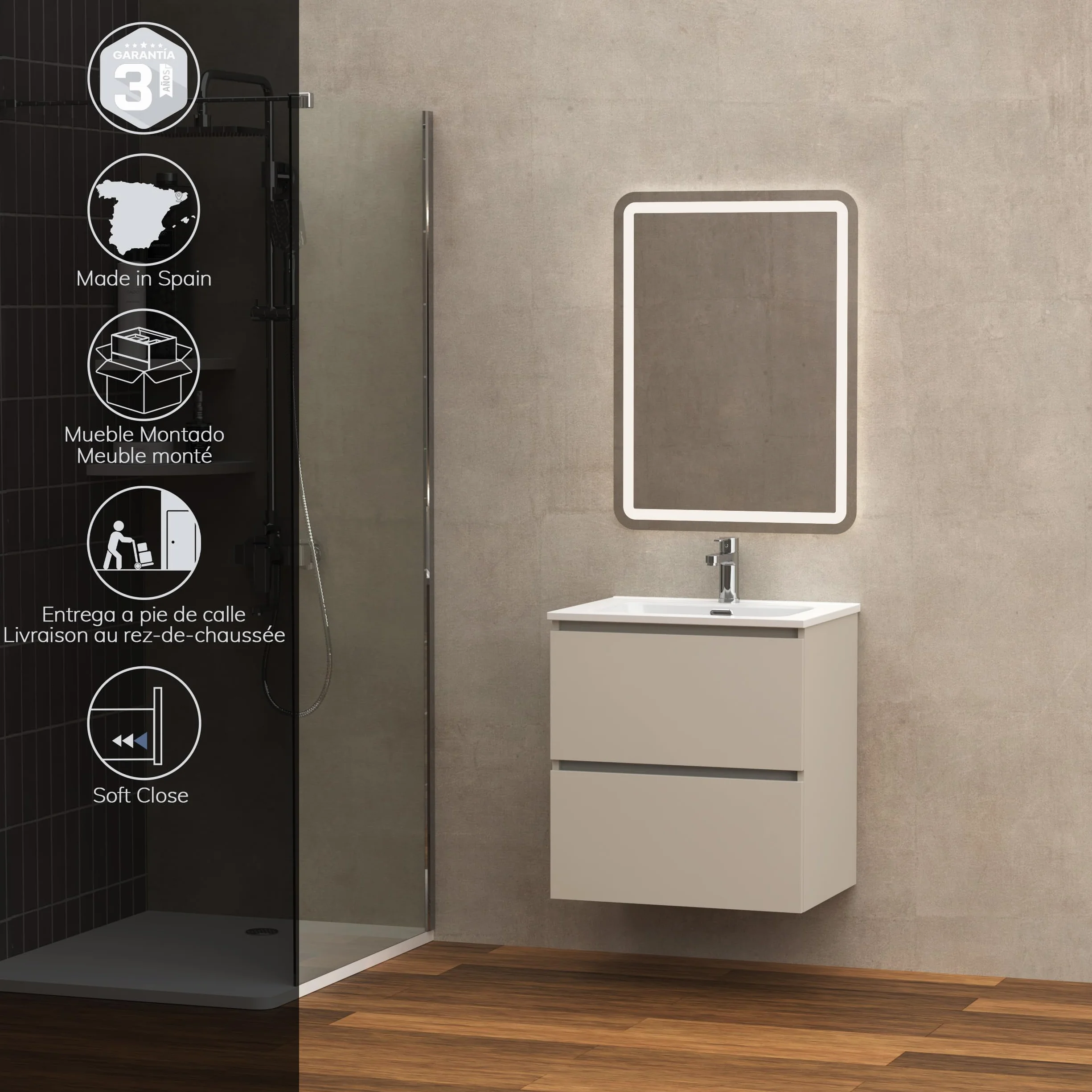 Baikal Mueble de Baño Klay. Mueble MONTADO. 2 Cajones Suspendido con Lavabo. Armario de Baño. Lavabo Ceramico. 70cm Visón.