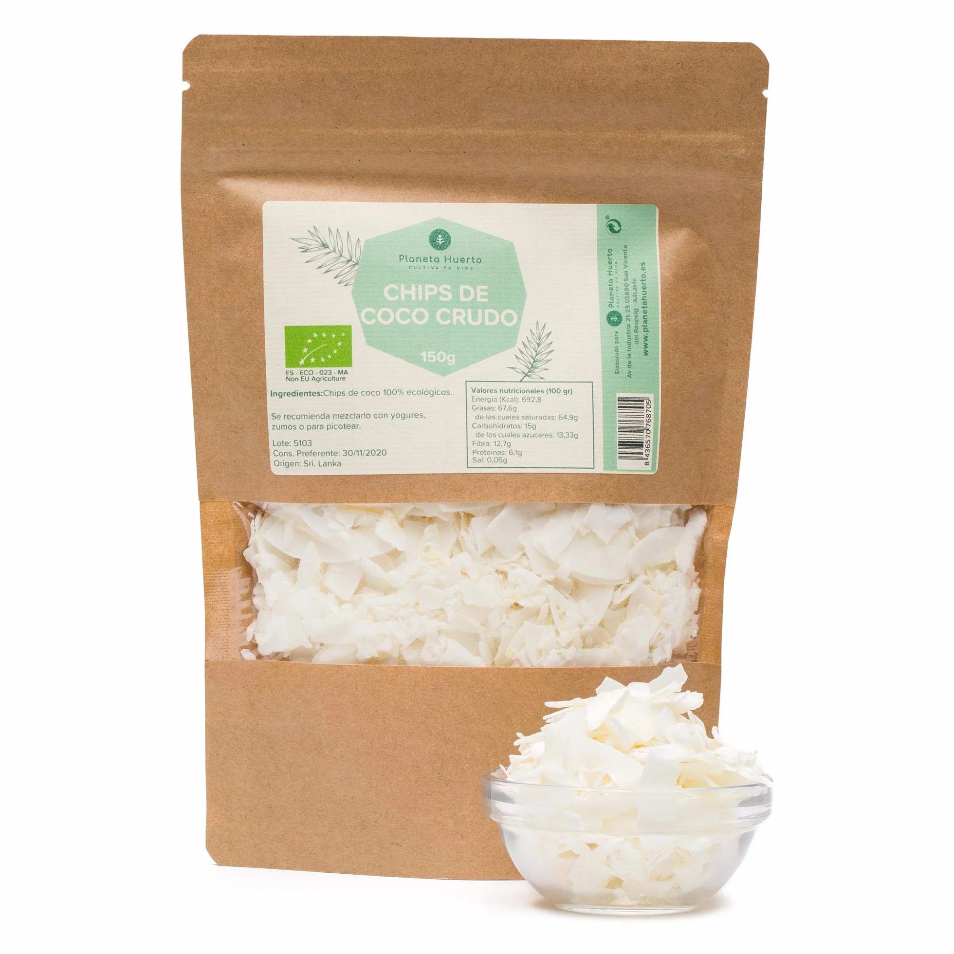 PLANETA HUERTO Chips de Coco Sin Azúcar ECO 150g Láminas Crujientes Ricas en Ácido Láurico y Fibra