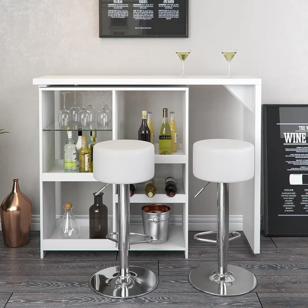 Vicco Set de Mesa de Bar Vega, Blanco, 138 x 39 cm con 2 taburetes de Bar, Plegable con estantes Abiertos para Almacenamiento