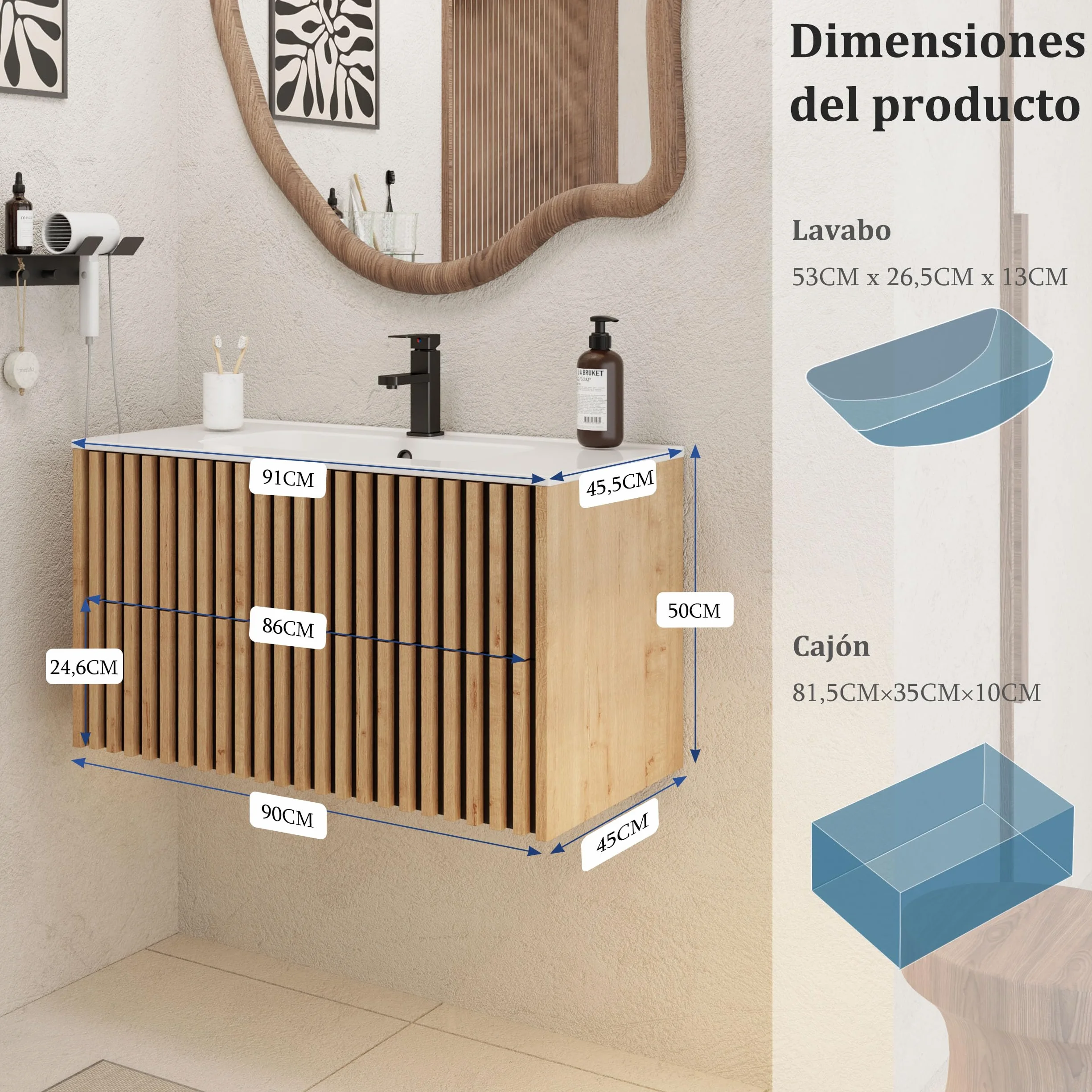 UEV 90CM Mueble de Baño Suspendido con Lavabo de Cerámica, Mueble Lavabo Incluido con 2 Cajones para Almacenaje, Moderno y Práctico, Natural