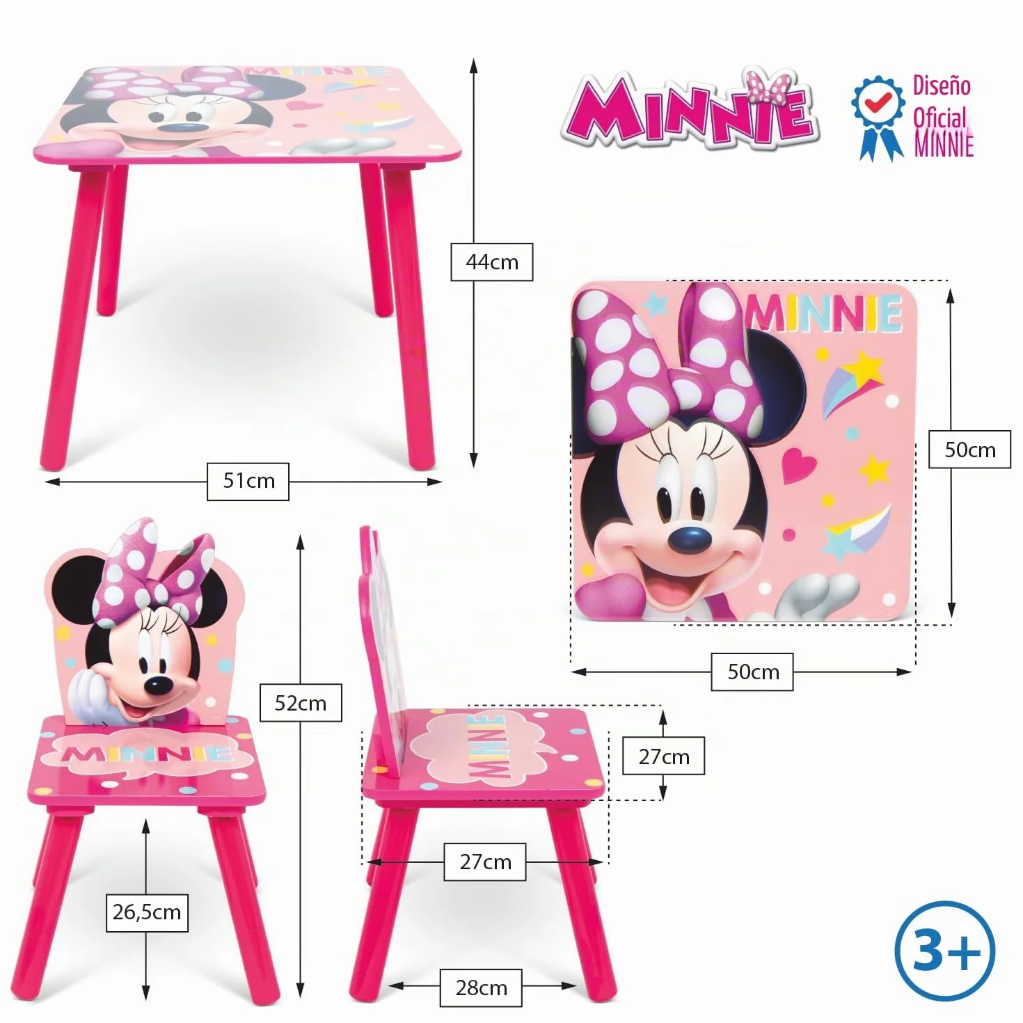 ARDITEX Minnie Mouse Set Mesa y 2 Sillas Infantiles Madera 50x50x44 cm