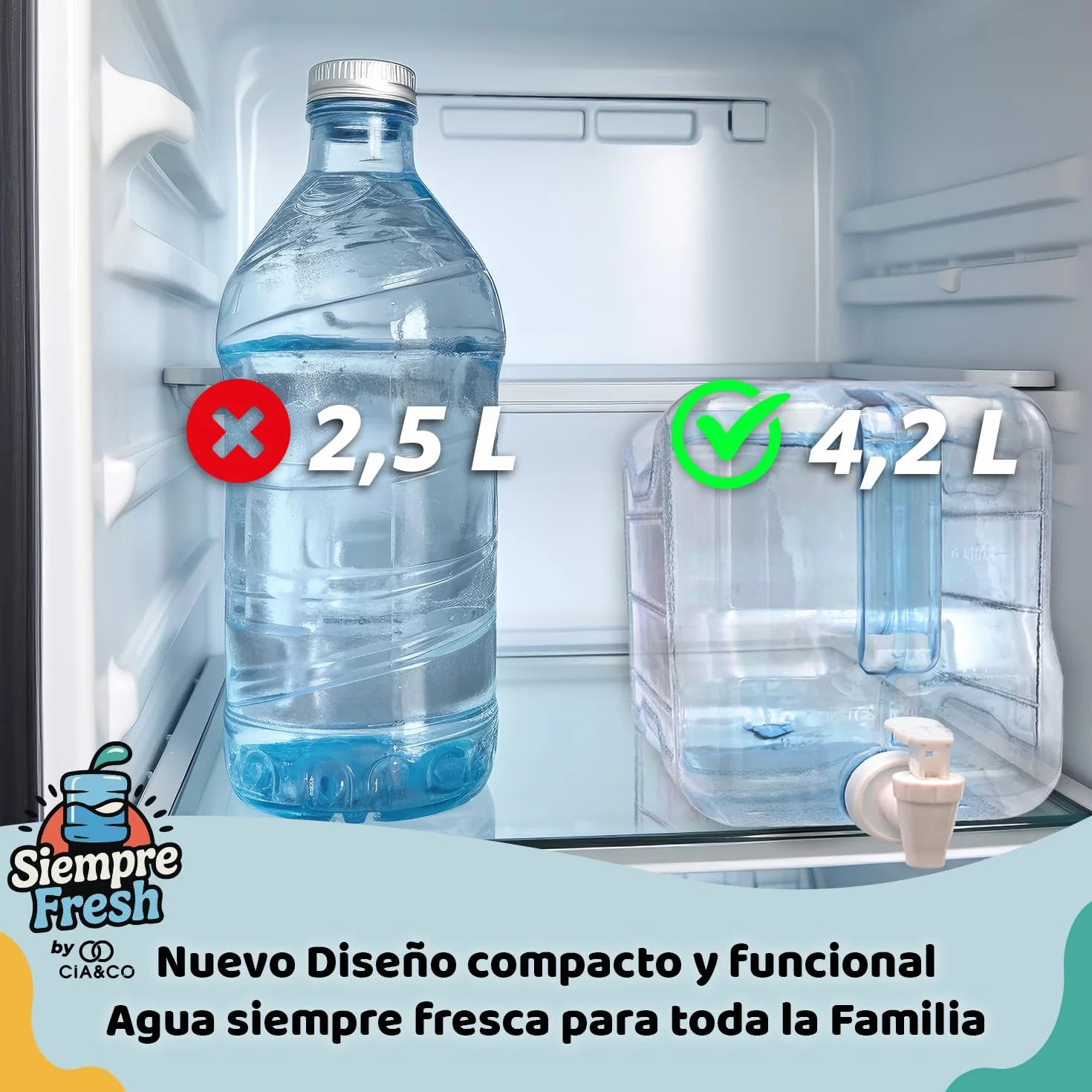 Dispensador de Agua Fría para Nevera 4,2 L by Cia&Co | Garrafa compacta 39x21x7,5 con Asa Ergonómica, Grifo de Doble Función y Tapón - Reutilizable y Duradera, Bebidas Frías en Casa, Playa, Camping