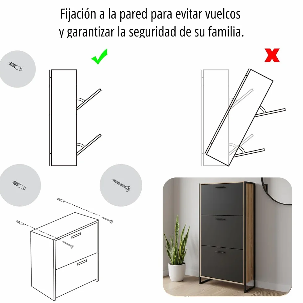 CASABEL, Mueble para Calzado Industrial (18 Pares), Armario para Zapatos, Almacenamiento de Entrada, Gran Capacidad, Ahorro de Espacio, Entrada Pasillo, Puertas Negras, Marco Madera Clara, Empresa
