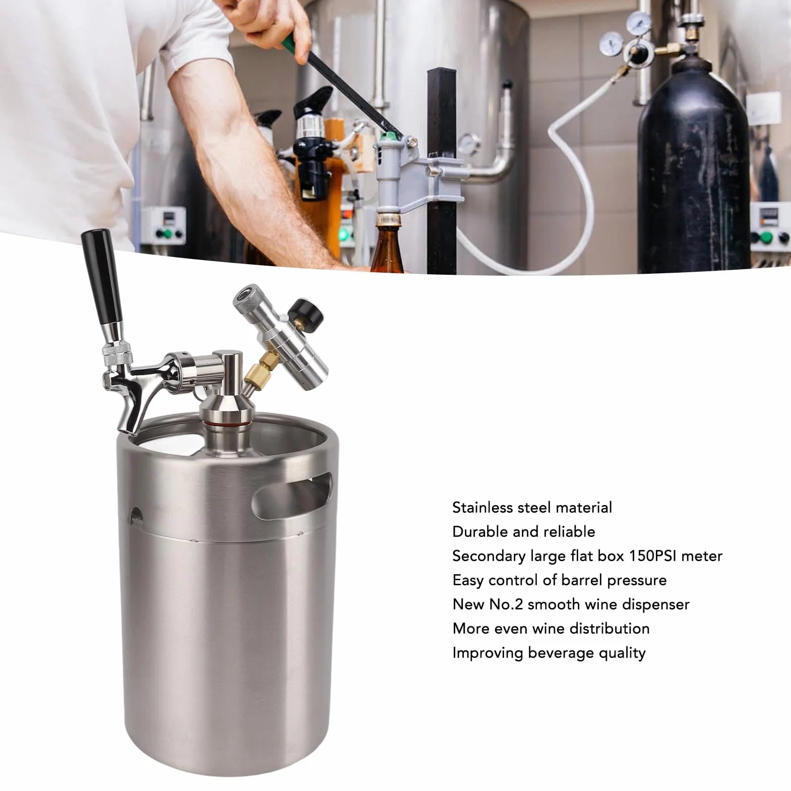 Barril de Cerveza de Acero Inoxidable 5L Barril de vino Presión de con Grifo Ajustable y Manómetro de 150PSI con Dispensador Automático Cerveza para Elaboración Casera para Caja Plana de Segundo Nivel