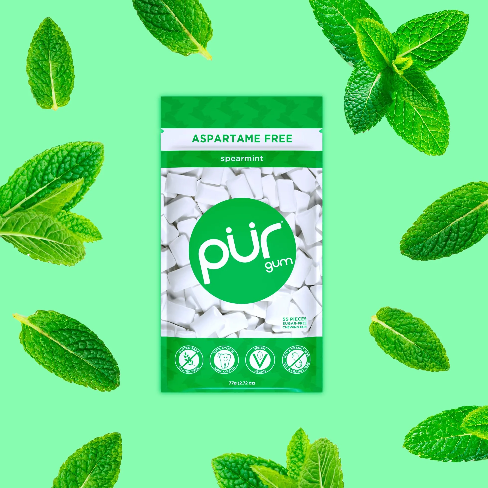PUR Gum Chicle Sin Azúcar 100% Xilitol Vegano Sin Gluten Apto Para Diabéticos Sabor Natural Spearmint 55 Piezas