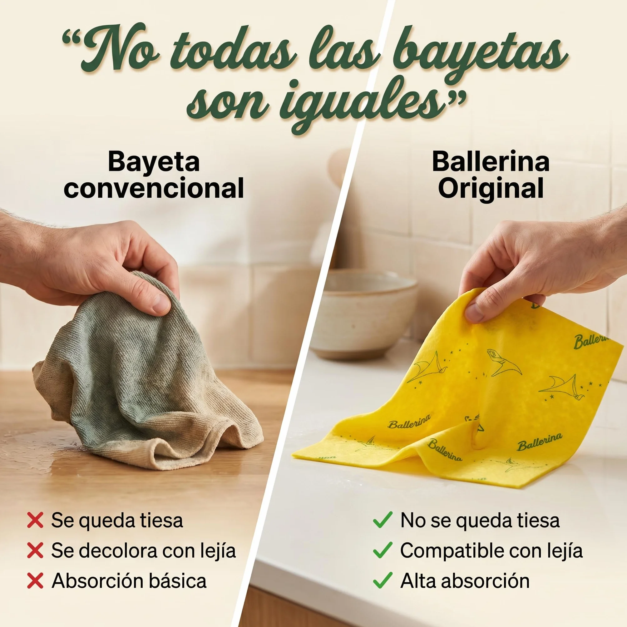 Ballerina Bayeta Amarilla Original | Desde 1986 | 35x35 | Alta Absorción | Lavable a 60° con Lejía | Pack 3 Unidades