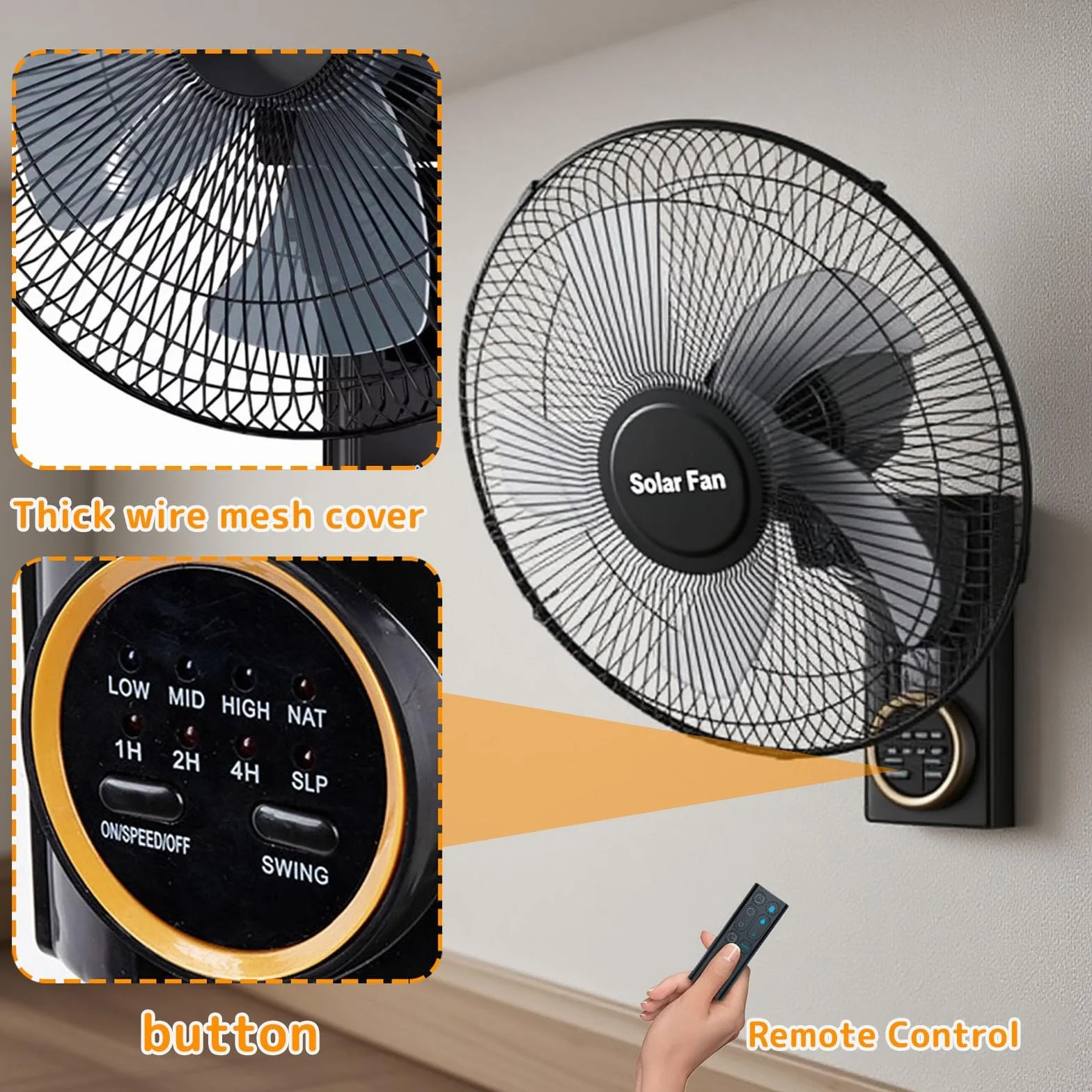 Ventilador Solar De Pared Con Mando A Distancia, 3 Velocidades Silencioso Oscilante, Temporizador E Inclinación Ajustable, Para Interior Y Exterior, Placa Solar O Enchufe