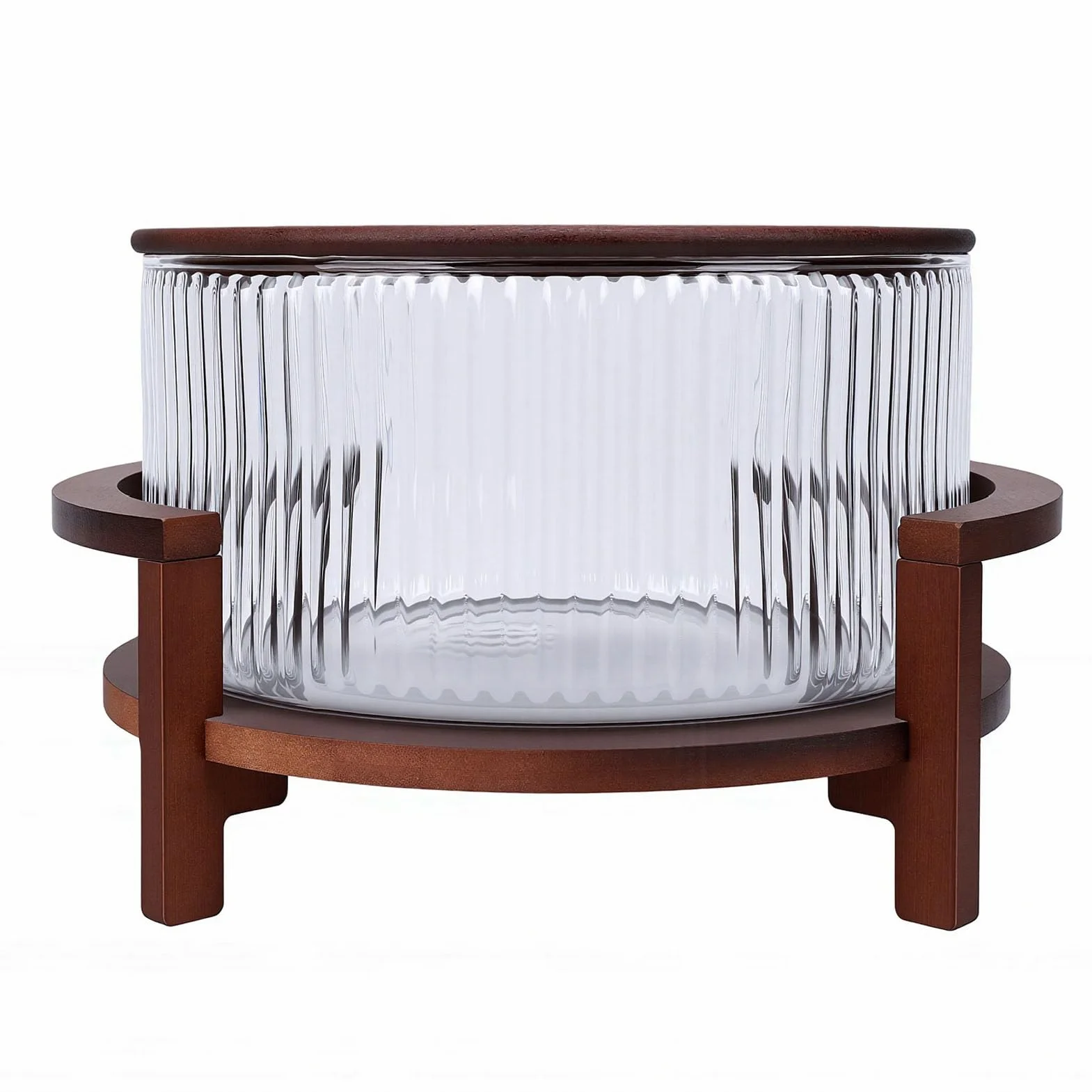 PUSOKEI Ensaladera de Cristal Elegante con Tapa y Soporte de Madera de 4,3 Litros de Capacidad para Frutas y Aperitivos