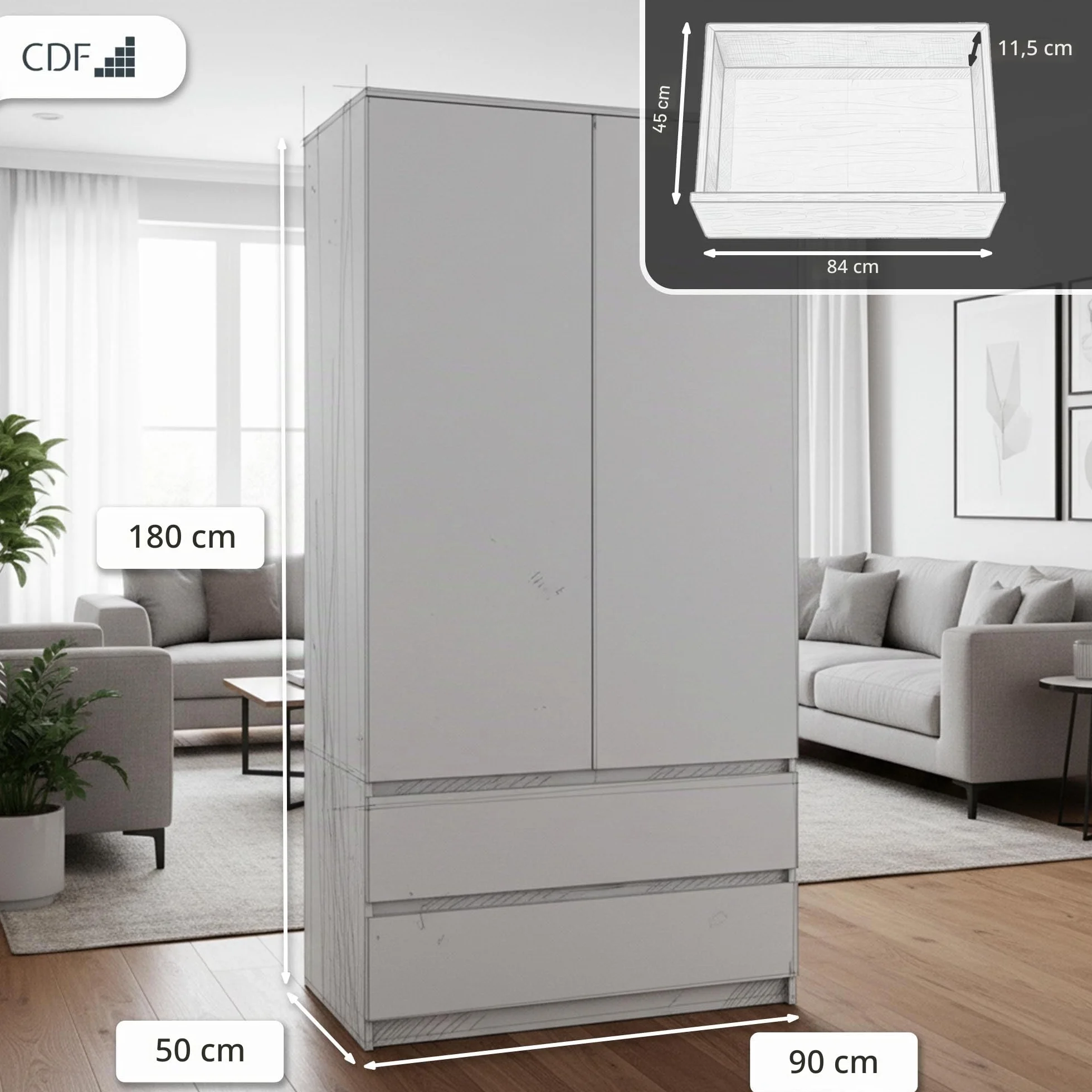 CDF Armario Dormitorio 90cm 2 Puertas 2 Cajones Armario Ropero Blanco Tablero Laminado 16 mm