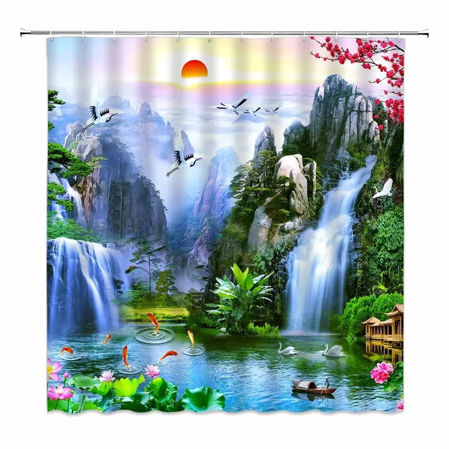 Cortina de Ducha con diseño Tradicional de pinos y grullas Volando, Arte paisajístico, Cortinas de Ducha Impermeables for baño, Ganchos(Color-09,W240xH180cm)