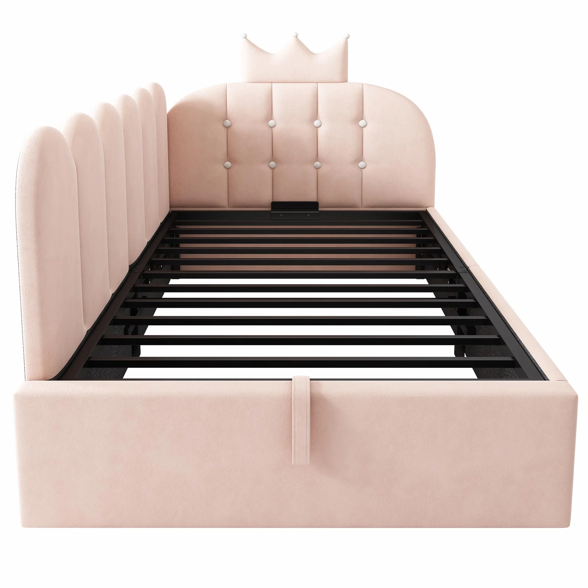 Mrwoo Cama día 90x190 cm con Almacenamiento Hidráulico, Sofá Cama con Diseño de Corona y Rejilla, Cama Infantil, Terciopelo, Rosa(Sin Colchón)