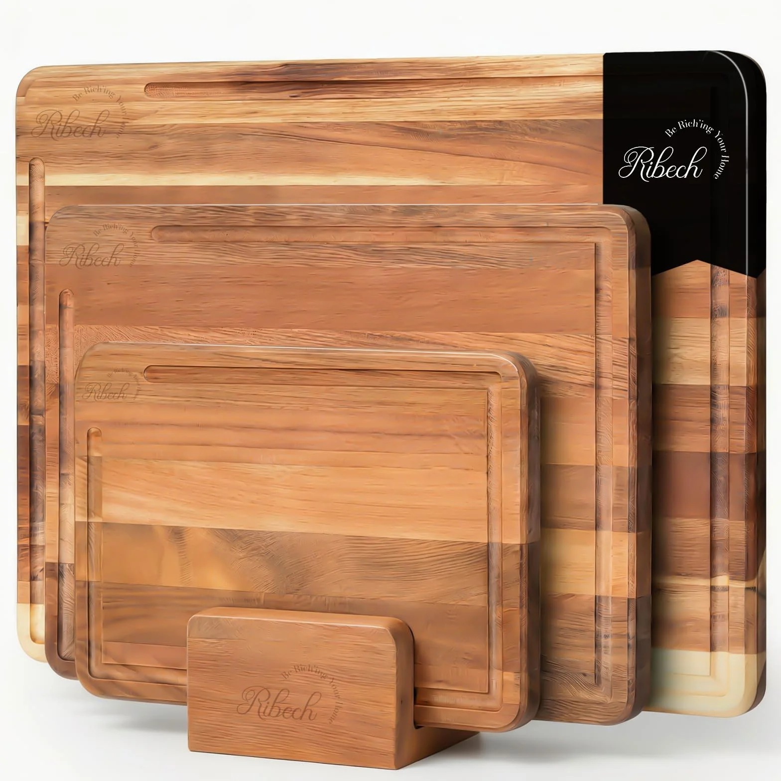 Set de Tablas de Cortar de Madera de Acacia Sólida 3 Piezas con Soporte 40x30cm 33x24cm 26x18cm