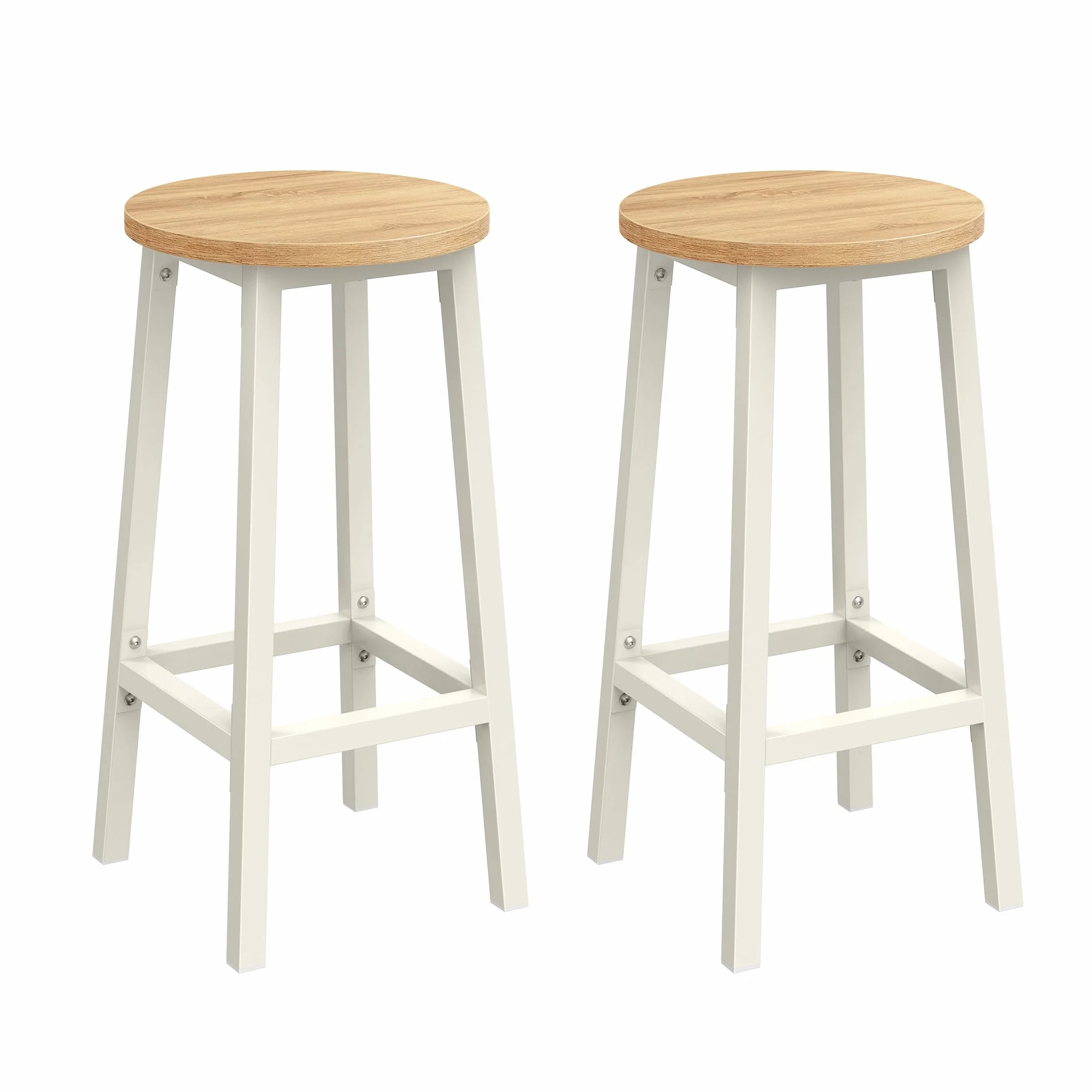 VASAGLE Juego de 2 Taburetes de Bar, Altura 65 cm, con Reposapiés, Beige Roble y Blanco
