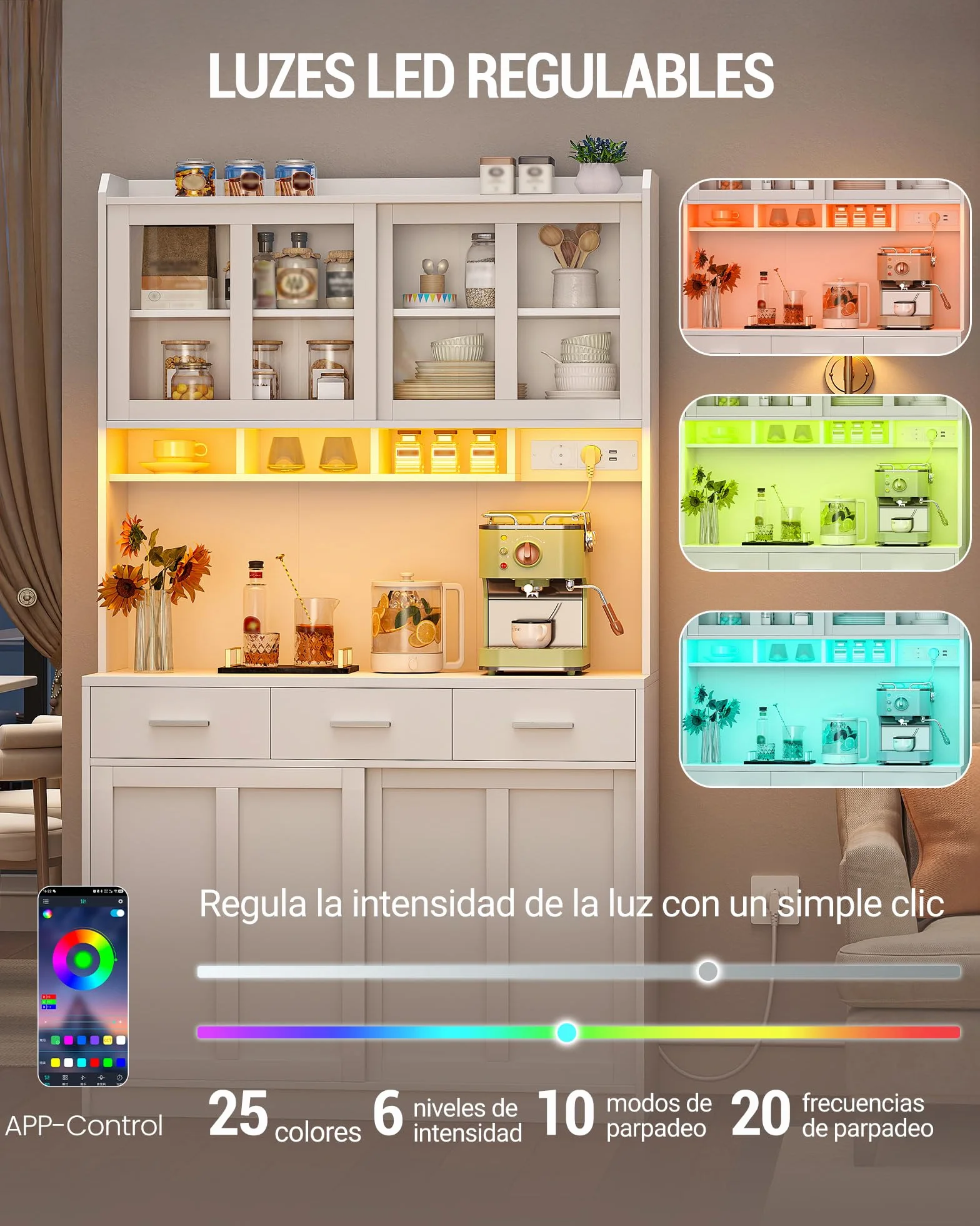 Hzuaneri Alacena de Cocina, Aparador Comedor con Iluminación Led y Regleta Eléctrica, Encimera, 3 Cajones, Estantes Ajustables, para Cocina o Comedor, 40 x 100 x 185 cm, Blanco 0110203XEU