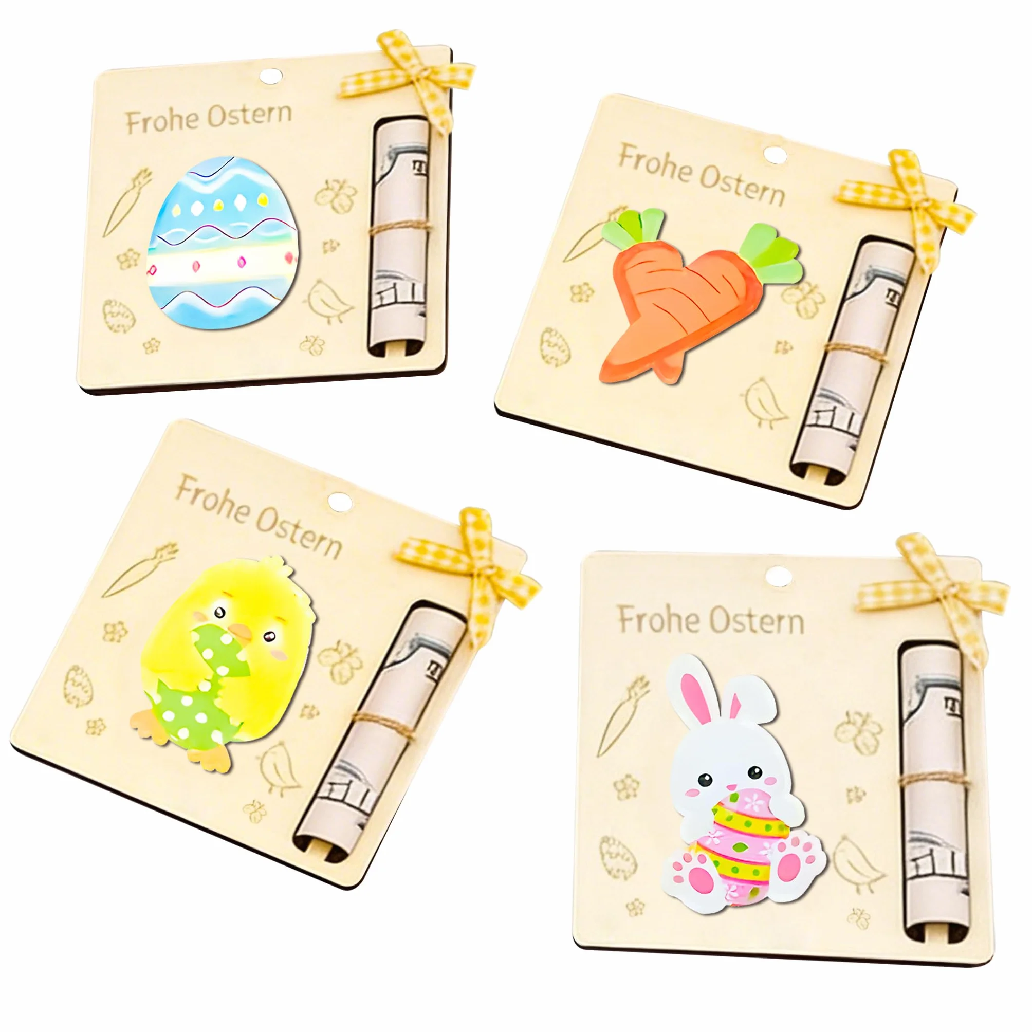 Regalo Dinero Pascua Madera, 10×10 cm, Set 4, Regalo Dinero Pascua, Cumple Deseos, Diseño Conejo, Huevo & Pollito, Soporte Billetes Enrollados