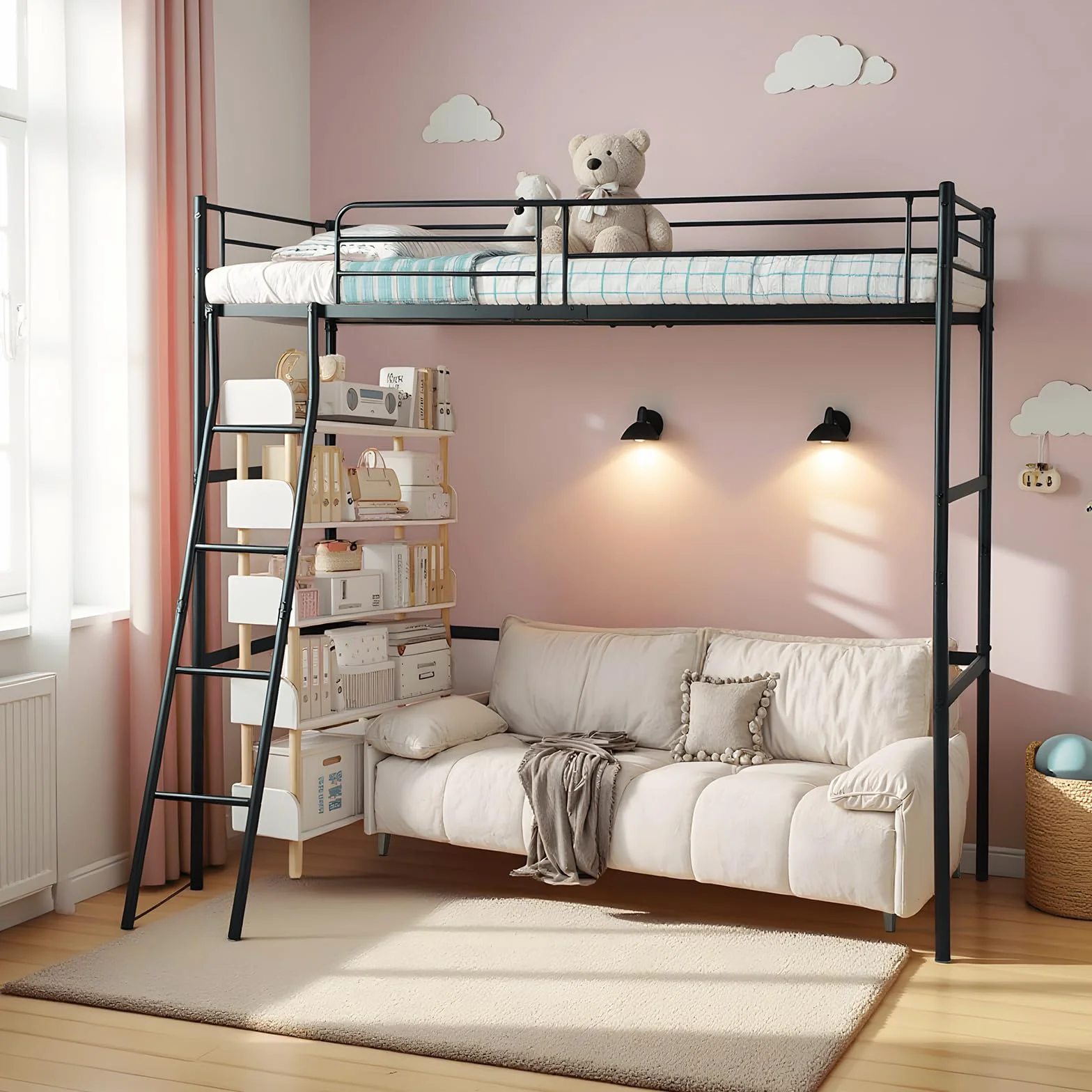 DORAFAIR Cama Alta 90x200 cm Metal con Escalera, Barandillas Seguridad, Negro