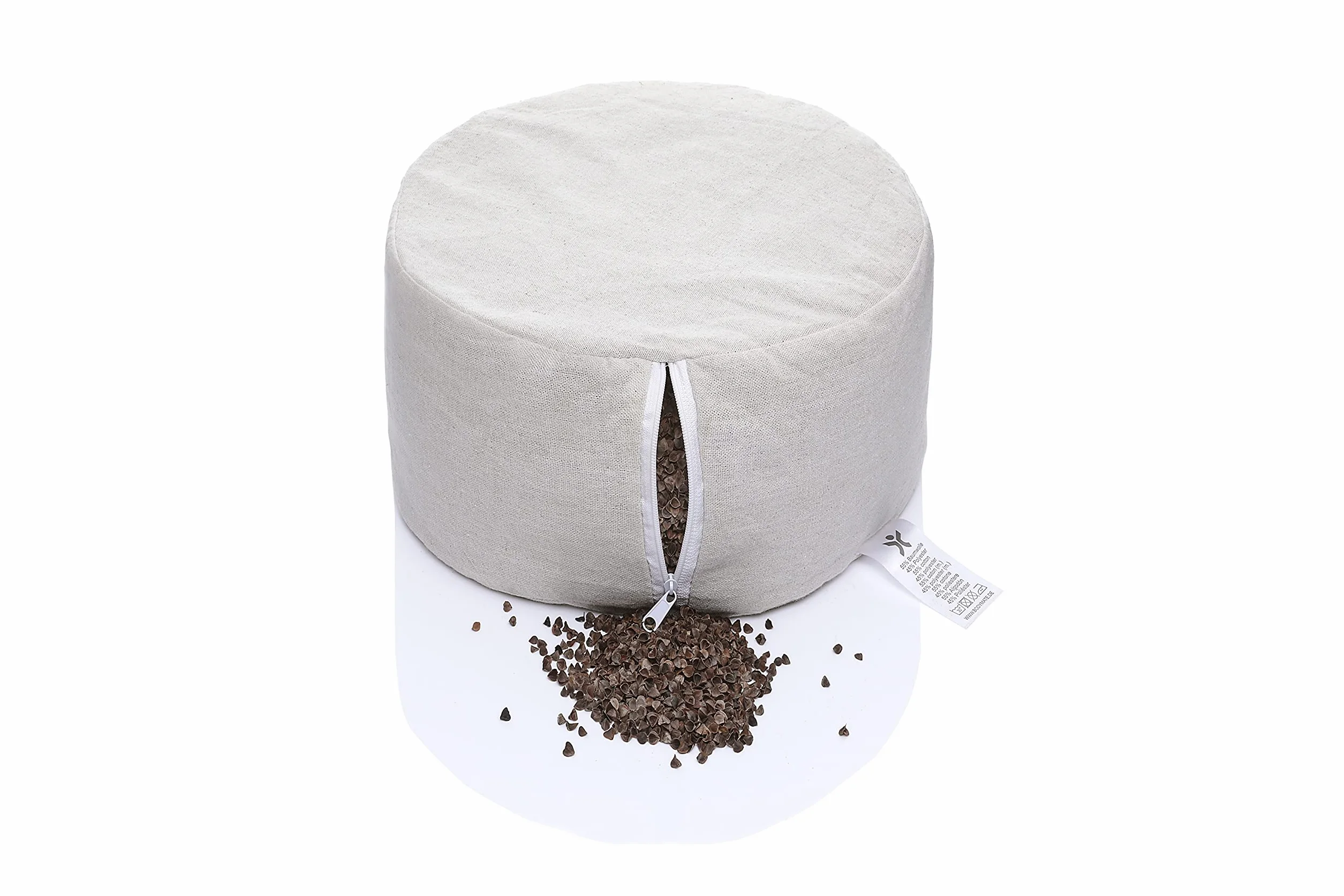 BODYMATE Cojín de yoga redondo de 31 cm de diámetro, 16 cm de alto, color beige con relleno de piel de trigo sarraceno, funda lavable a máquina, 100% algodón extragrueso, cojín de meditación, cojín de