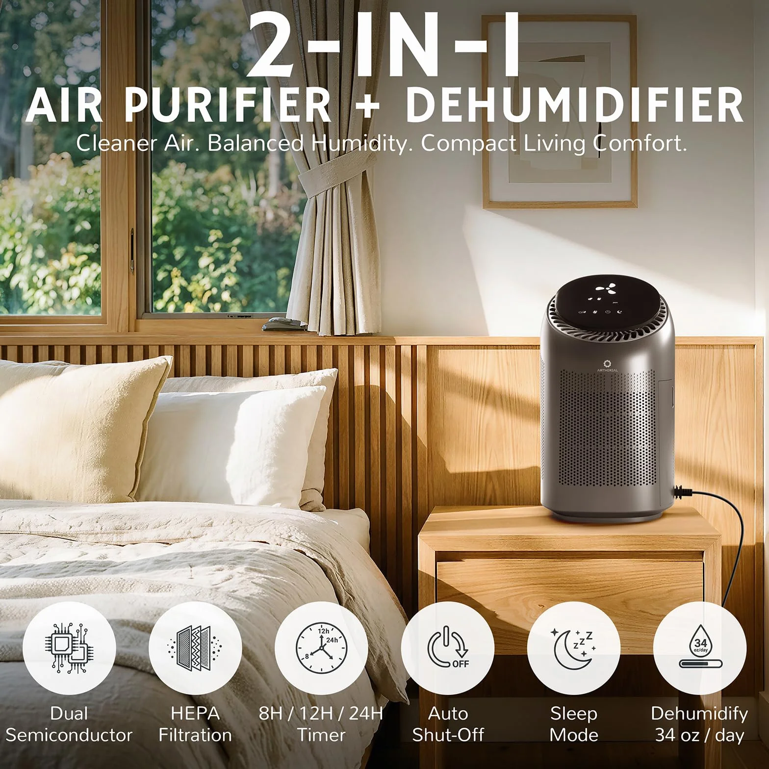 Airthereal AZH200 2-en-1 - Deshumidificador y purificador de aire Combo, pequeño deshumidificador con filtro HEPA, 1000 ml, hasta 25 m², apagado automático, silenciador para dormitorio, cuarto de baño
