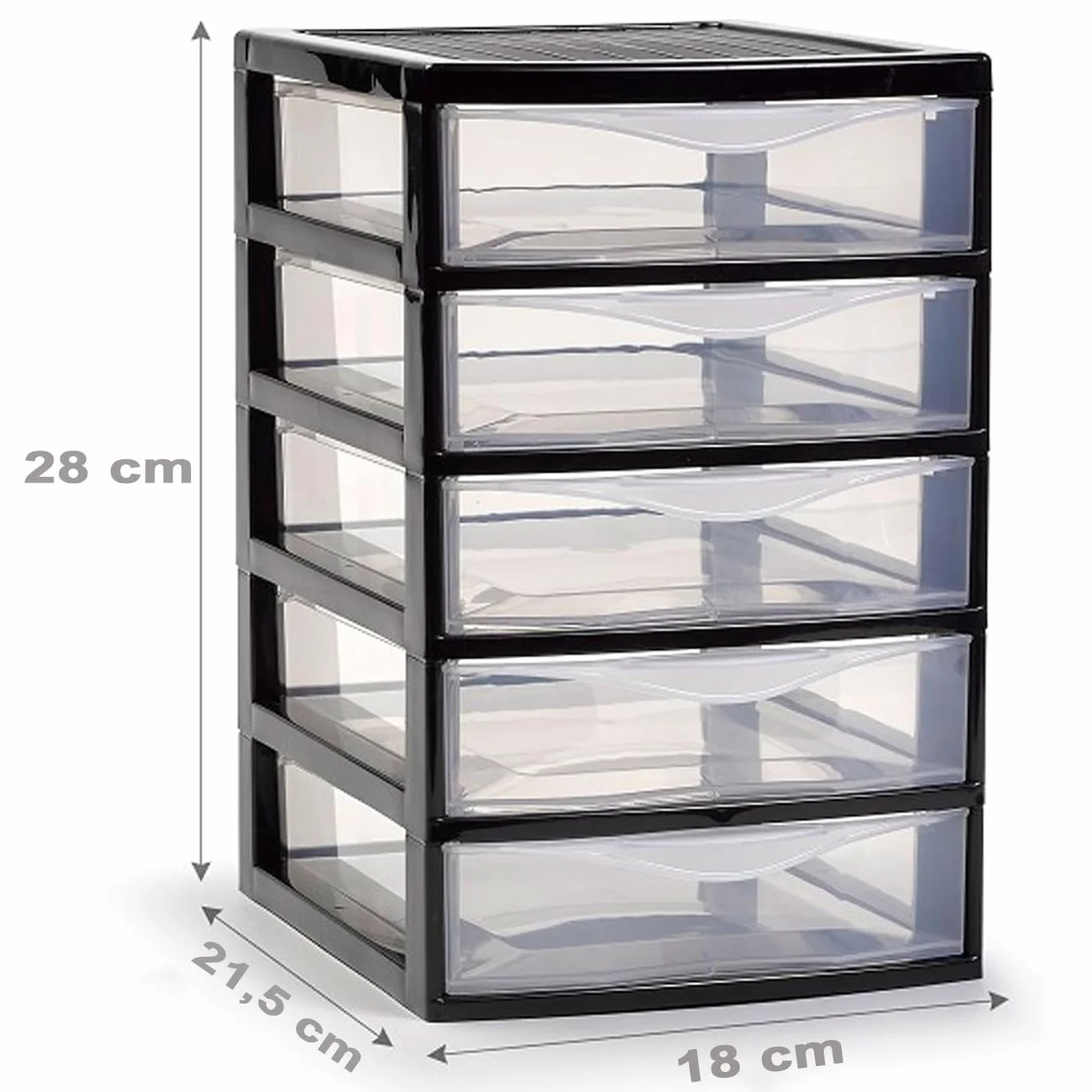 Acan Tradineur - Cajonera guadiana de sobremesa, incluye 5 cajones transparentes, torre de almacenaje, armario, baño, oficina, fabricada en España (Negro - 28 x 18 x 21,5 cm - Modelo aleatorio)