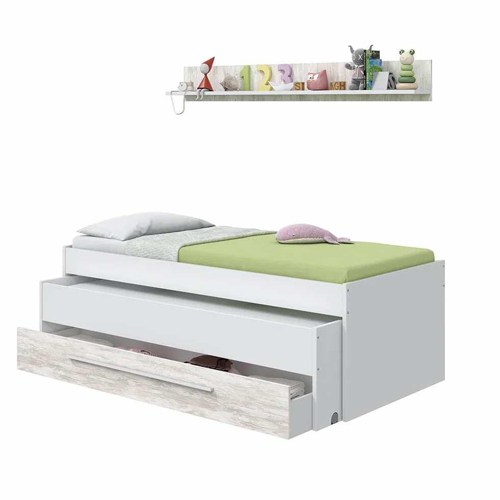 Habitdesign Cama Nido Juvenil 2 Camas Cajon Estante Infantil Blanco 199x96x65 cm