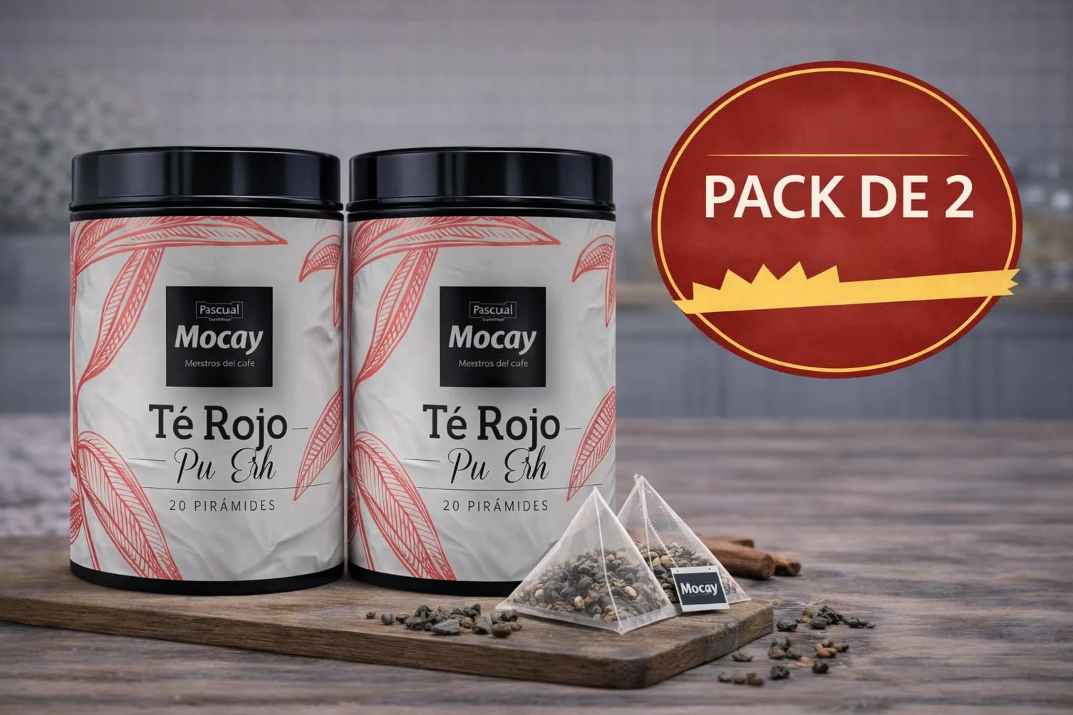 Caffé Mocay Pu Ehr Té Rojo Infusión Pack 2 Latas 40 Pirámides Compostables