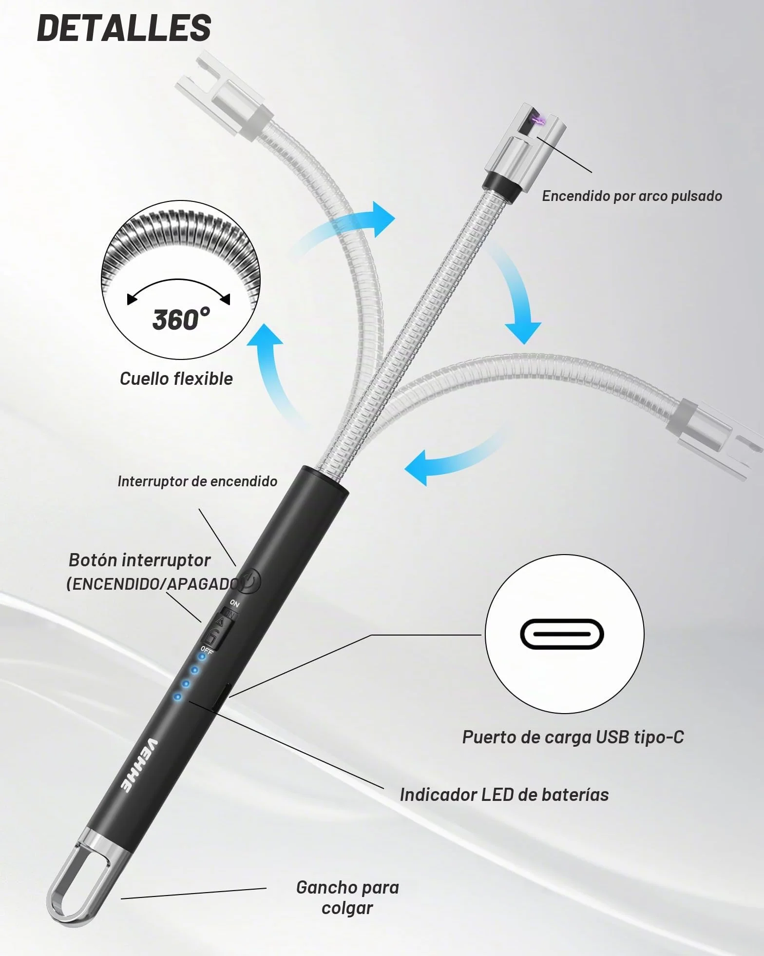 Encendedor de Arco Eléctrico Recargable VEHHE con Indicador LED de Batería USB, Mechero Largo para Cocina, Velas, Estufas de Gas y Camping