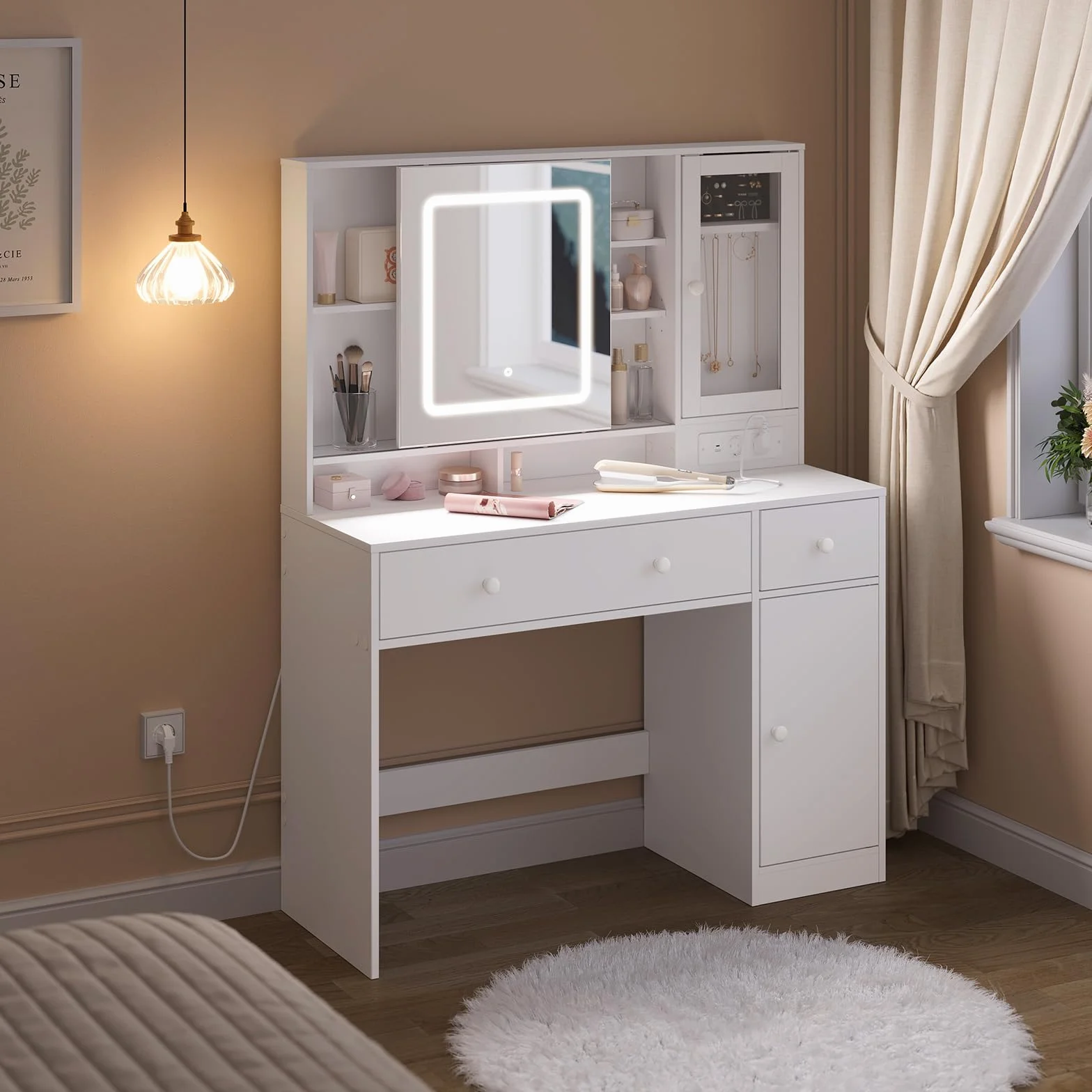 WOLTU Tocador Maquillaje con Joyero, Espejo Luz LED Ajustable, Mesa Tocador Maquillaje con Enchufes, Cajones y Estantes, Blanca, MB6125ws